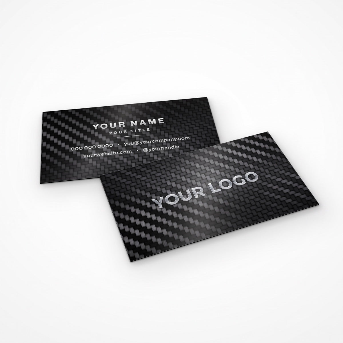 Carbon fiber business cards with a silver YOUR LOGO print