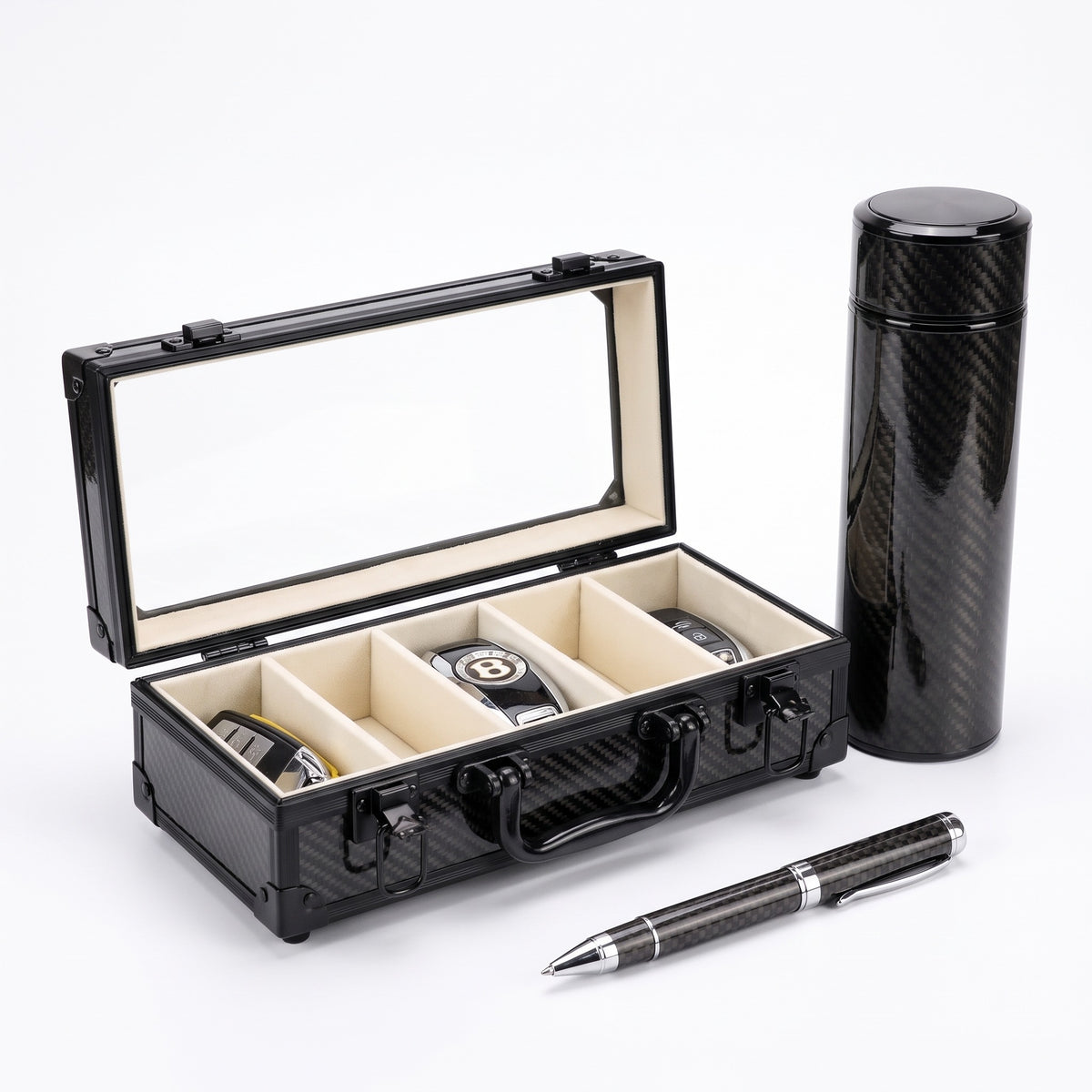 Carbon Starter Pack: the Motorcase 5 Slot, CarbonFlow Black bottle and black CarbonInk pen