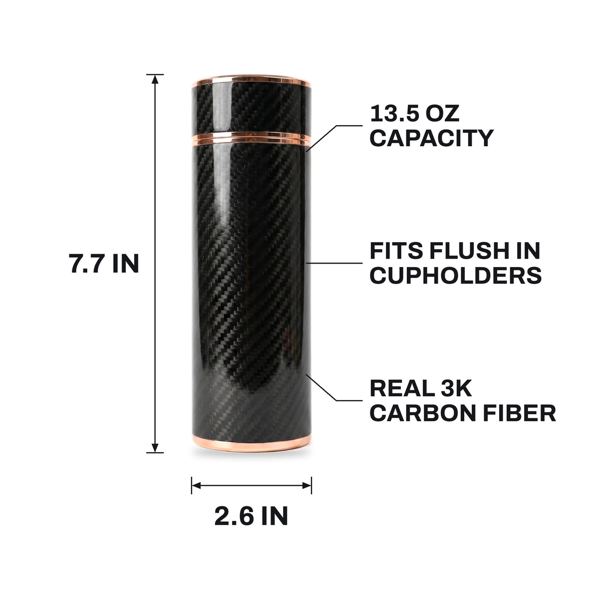 CarbonFlow size: 7.7 in tall, 2.6 in wide, 13.5 oz