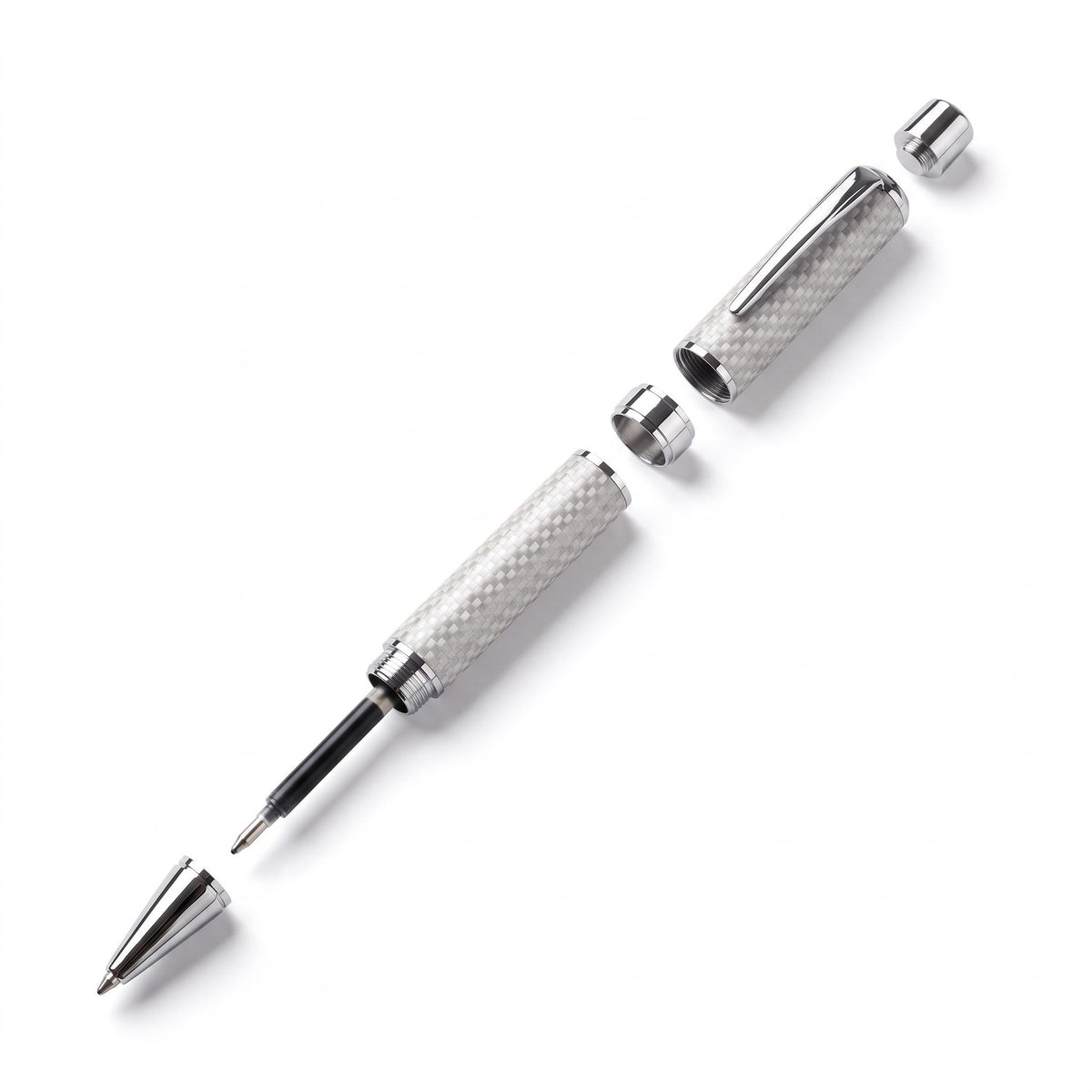 CarbonInk taken apart: nose cone, refill, carbon fiber barrels, chrome band, clip and end cap