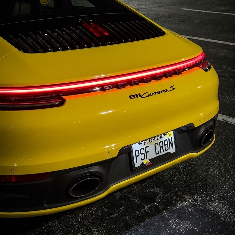 Ecuador carbon plate frame on a yellow Porsche 911, taillights on