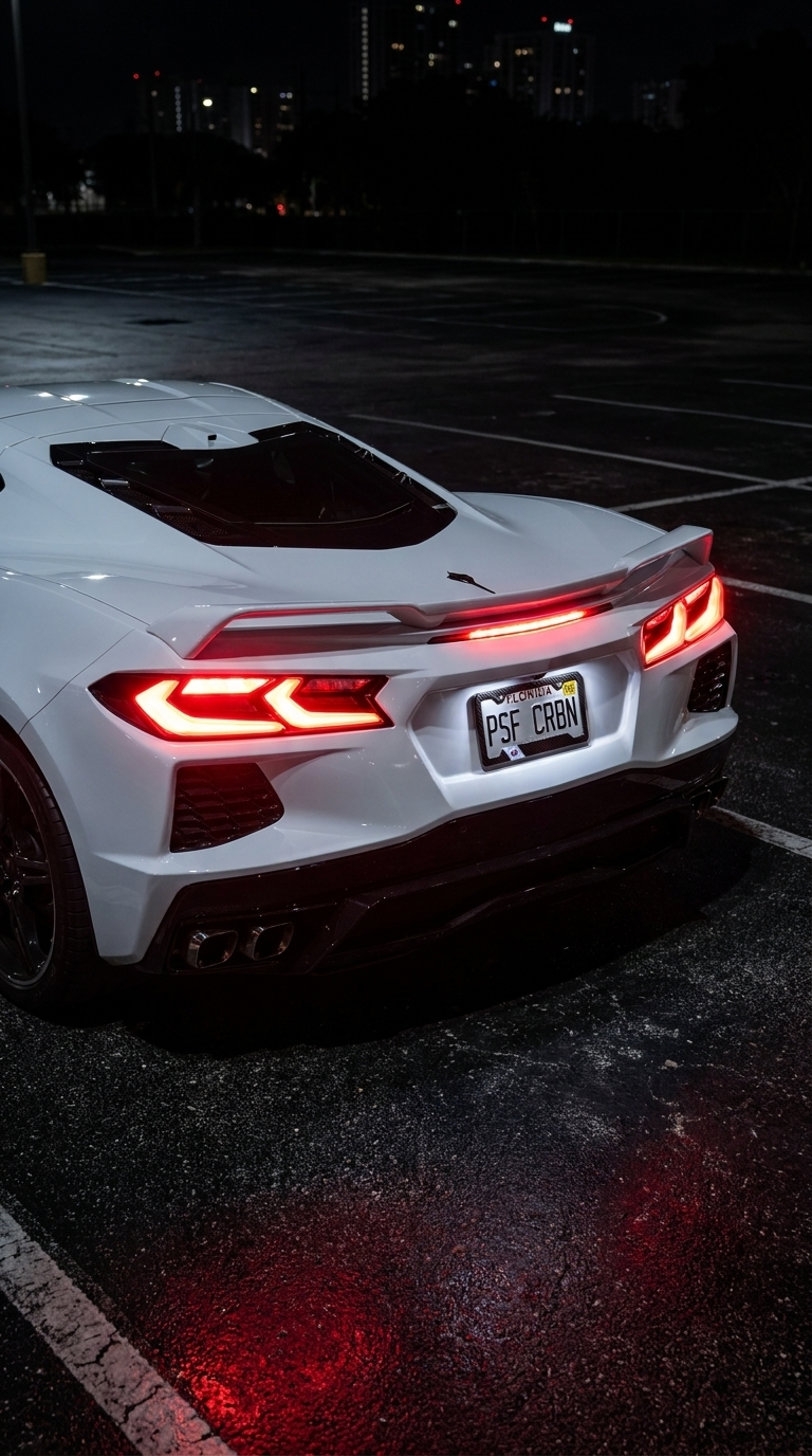 South Korea carbon plate frame on a white Corvette C8, taillights on