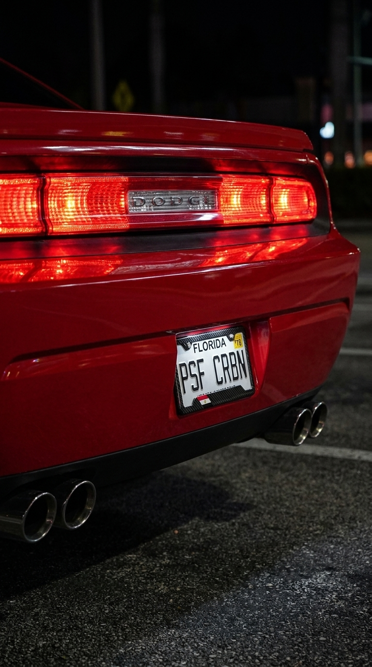 Egypt carbon plate frame close-up on Dodge Challenger