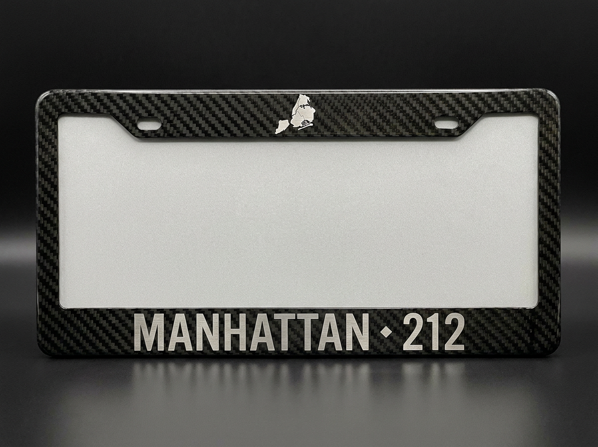 Manhattan 212 carbon fiber license plate frame with borough map outline - PSF Carbon