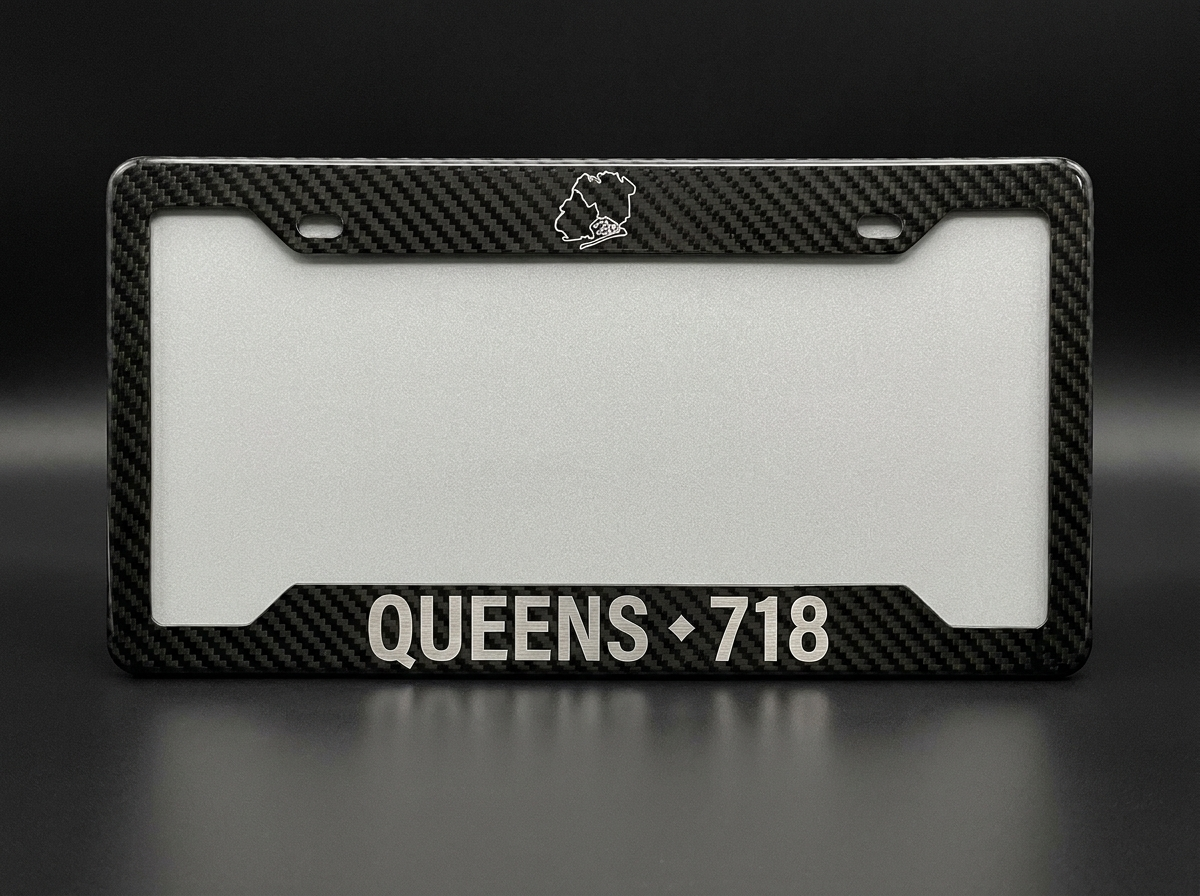 Queens 718 carbon fiber license plate frame with borough map outline - PSF Carbon