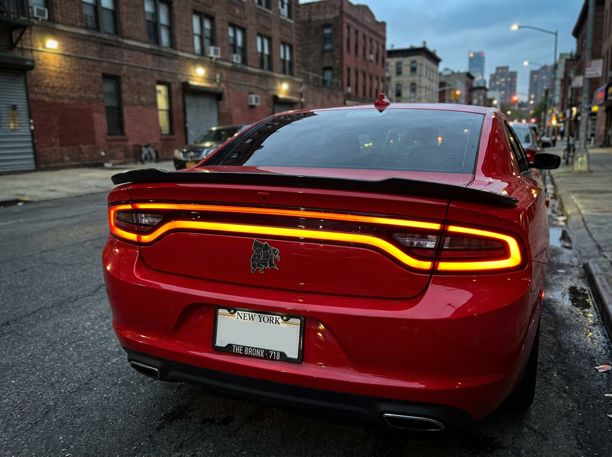The Bronx carbon plate frame on a Dodge Charger rear - PSF Carbon
