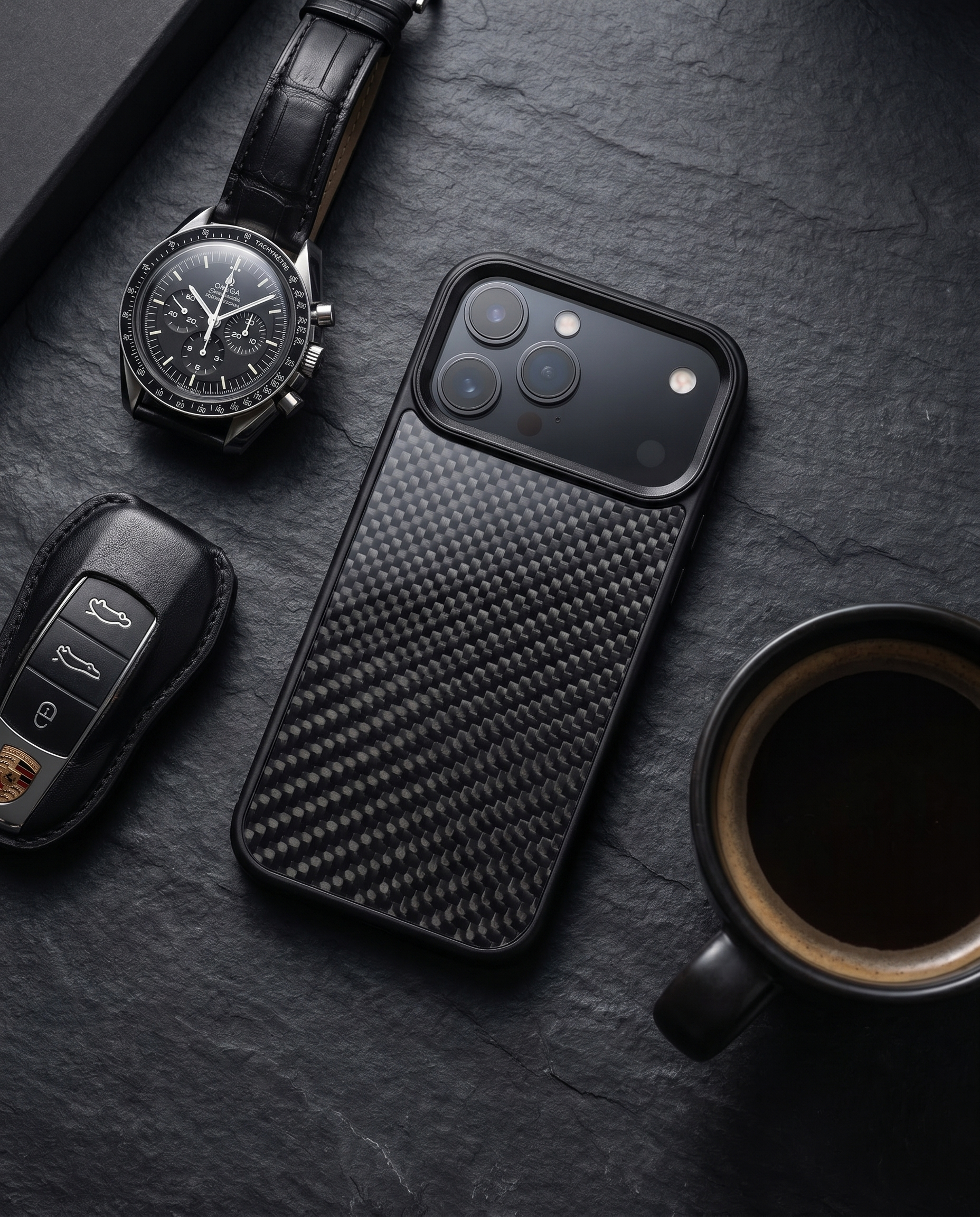 Black 3K carbon fiber iPhone case flat-lay with watch, keys and coffee