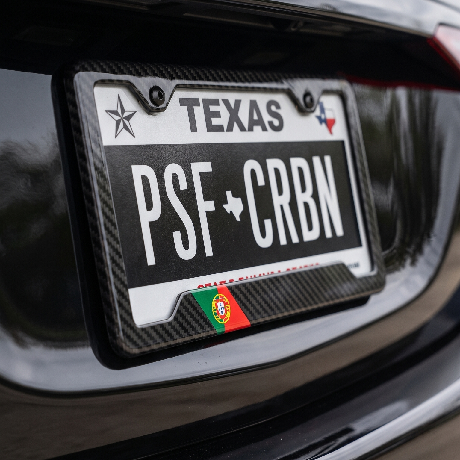 Portugal flag carbon fiber license plate frame on Mercedes S-Class, close-up, Texas plate PSF CRBN