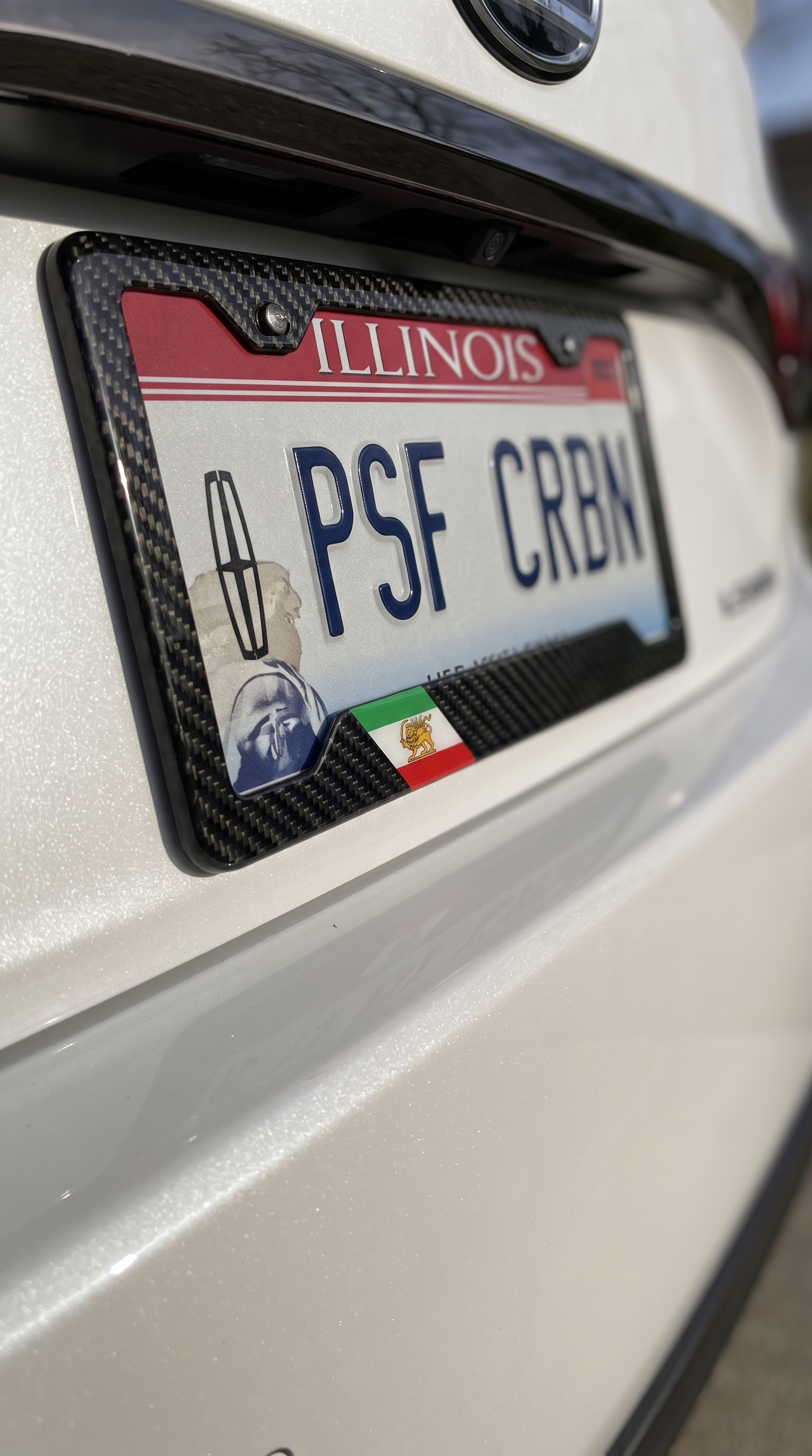 Iran flag carbon fiber license plate frame on Lexus LS, close-up, Illinois plate PSF CRBN