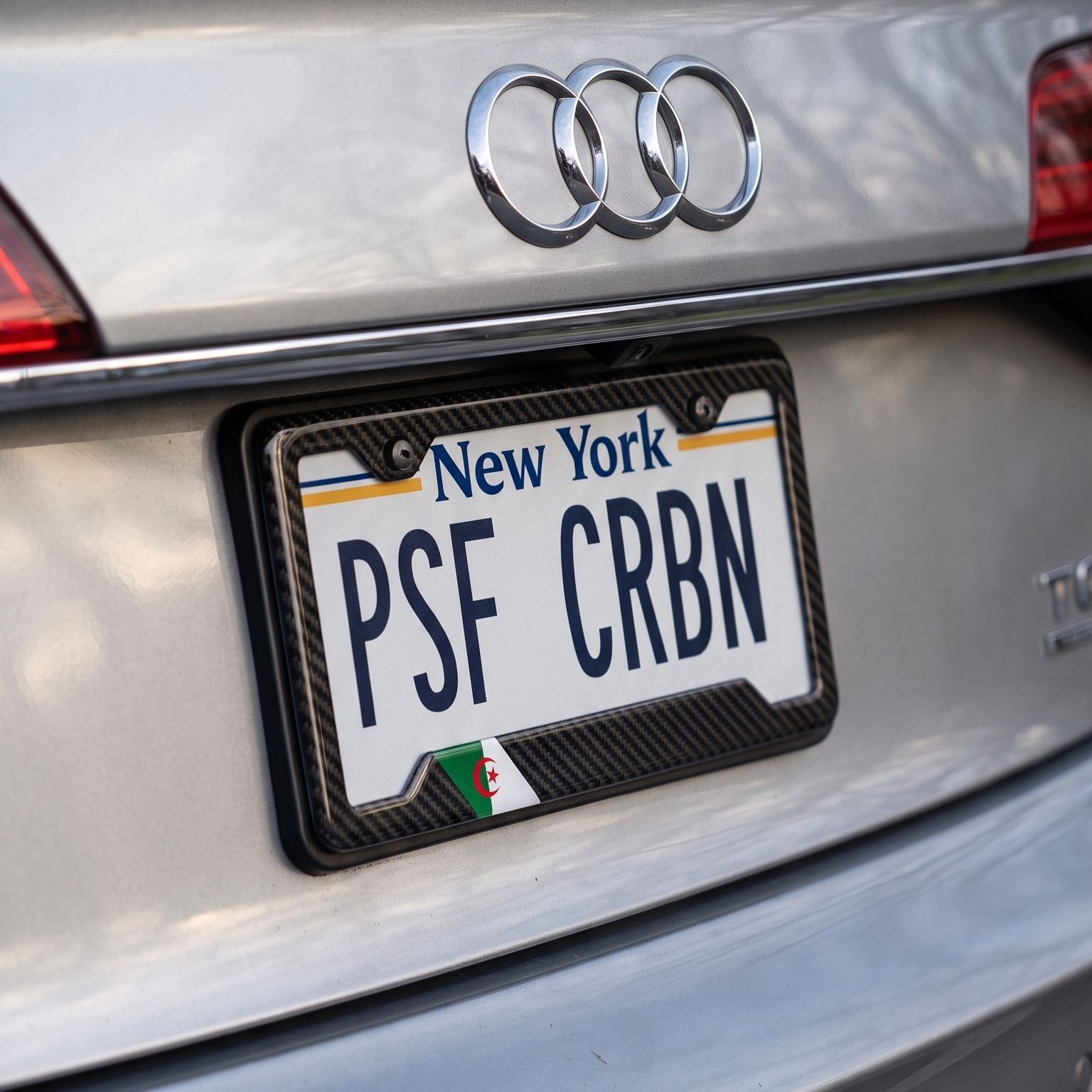 Algeria flag carbon fiber plate frame close-up on silver Audi A8, New York plate PSF CRBN