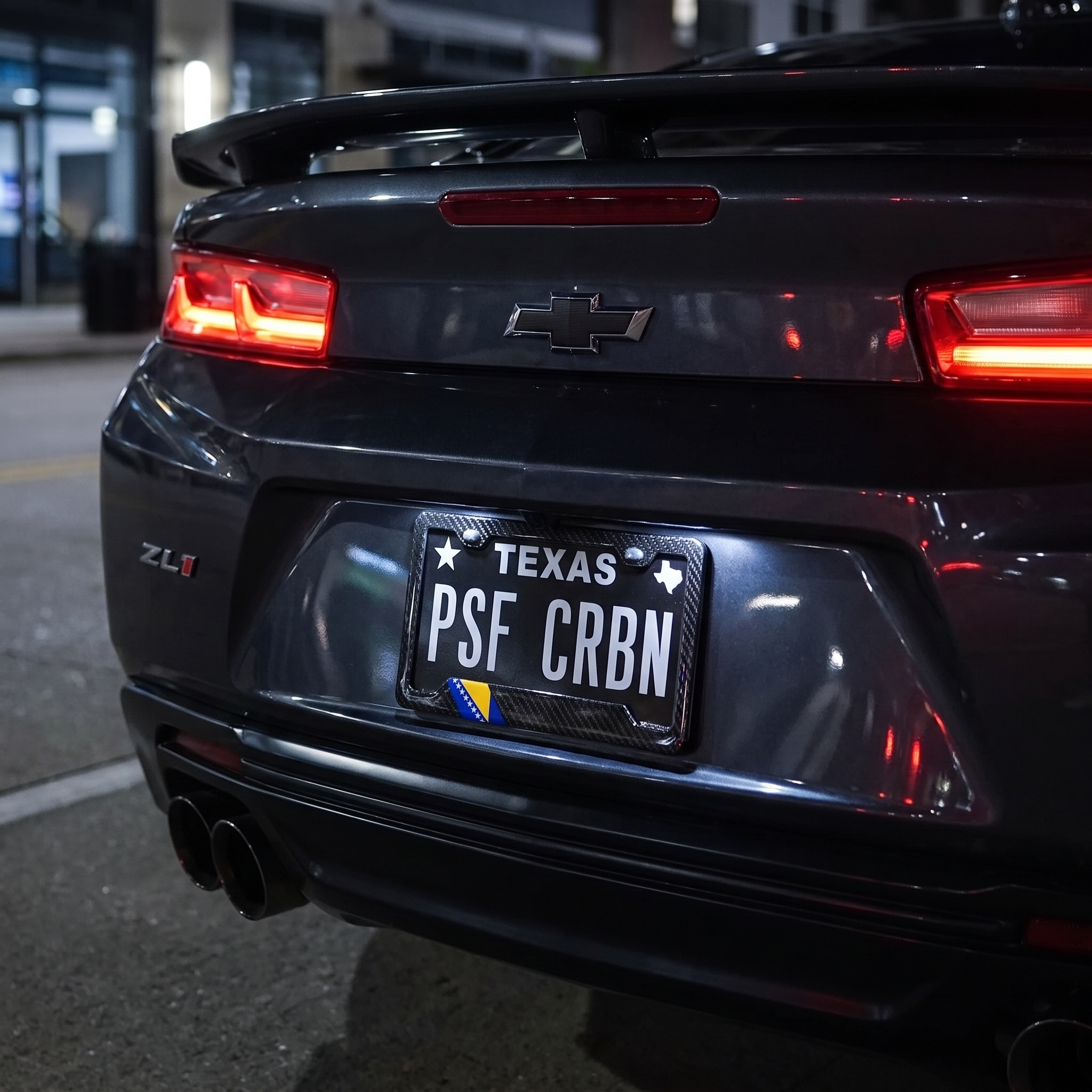 Bosnia and Herzegovina flag carbon fiber license plate frame on Chevrolet Camaro ZL1 at night