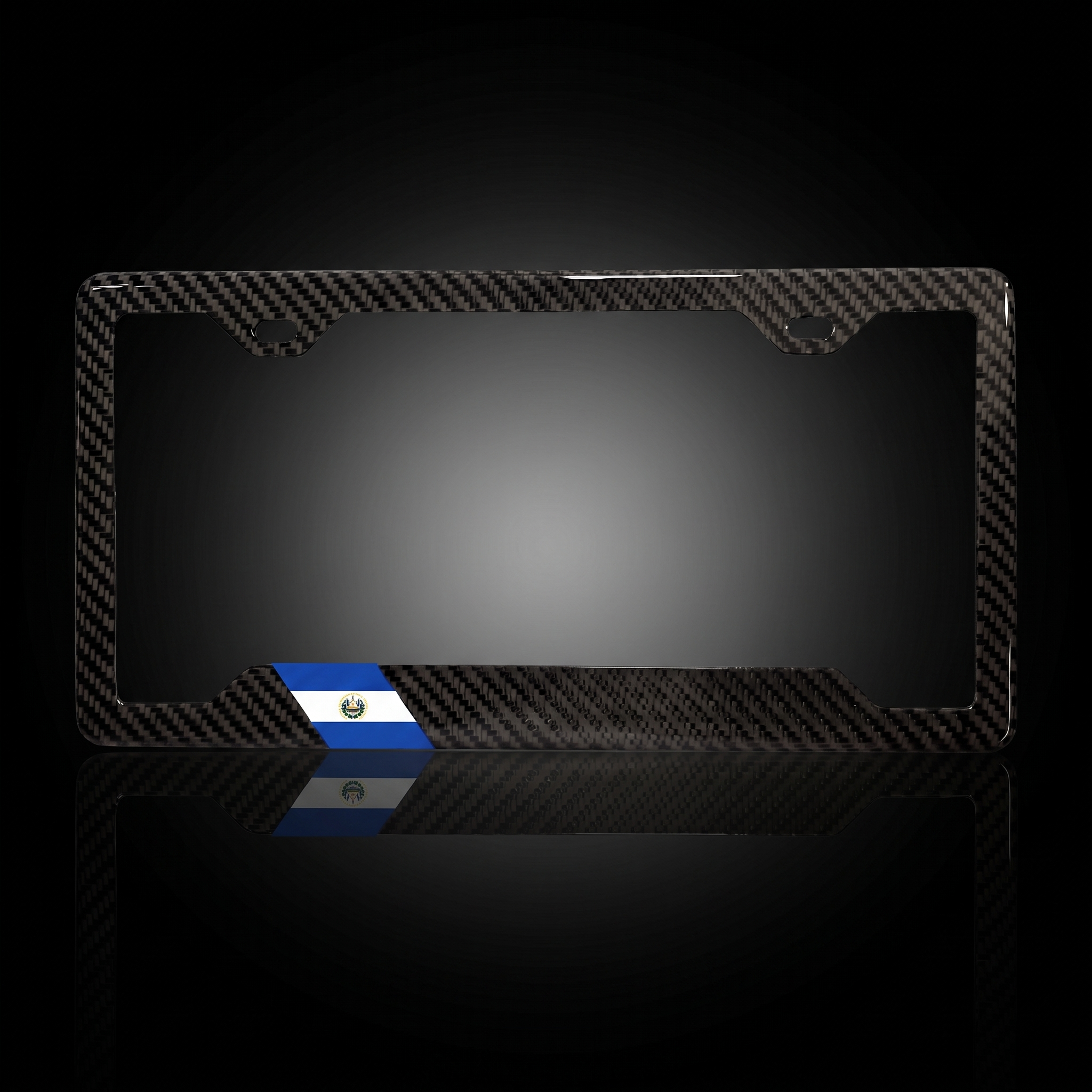 El Salvador flag carbon fiber license plate frame — black studio straight-on