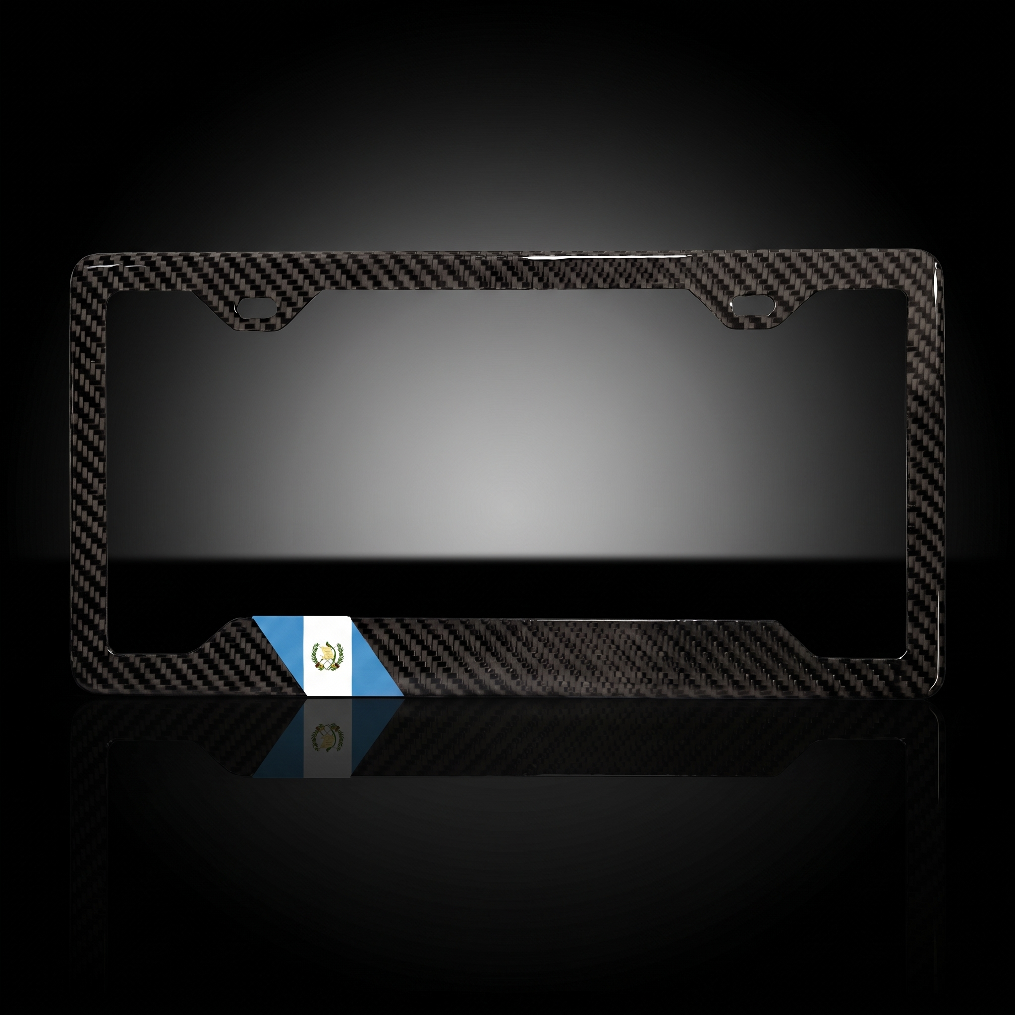 Guatemala flag carbon fiber license plate frame — black studio straight-on