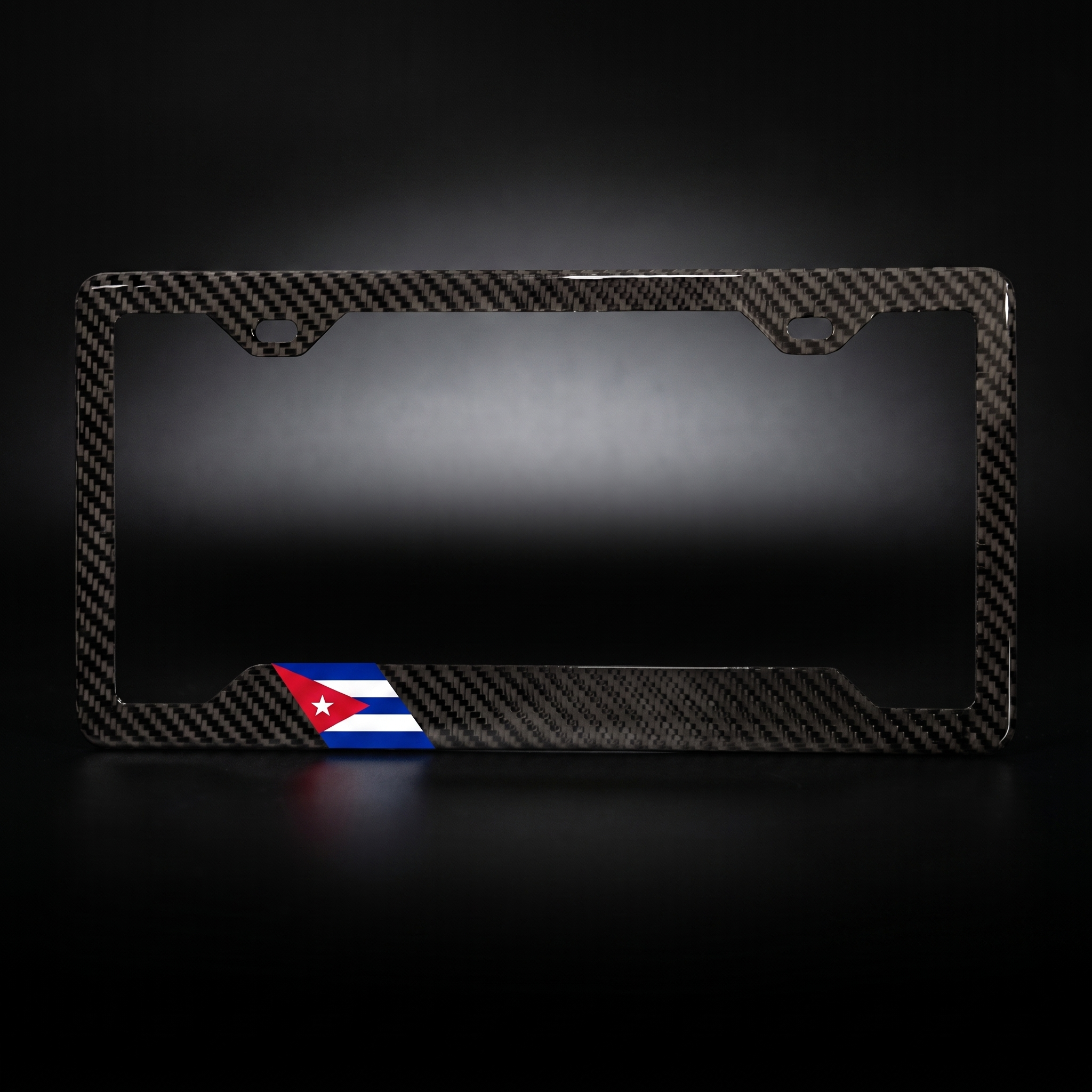 Cuba flag carbon fiber license plate frame — black studio straight-on