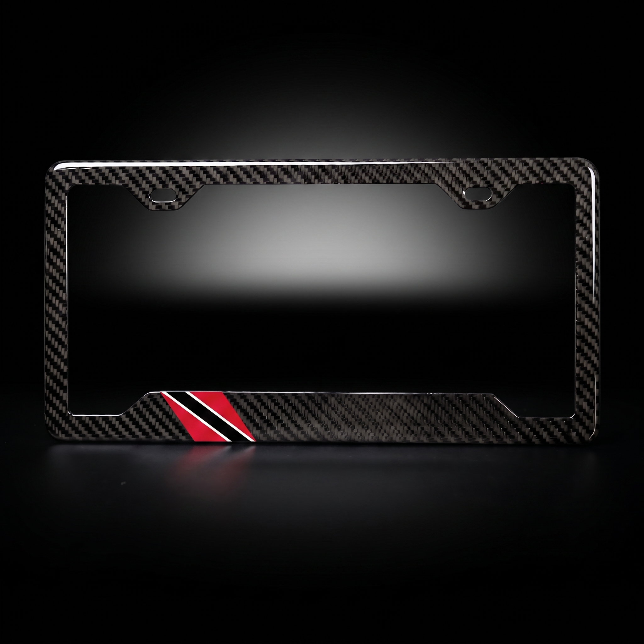 Trinidad & Tobago flag carbon fiber license plate frame — black studio straight-on