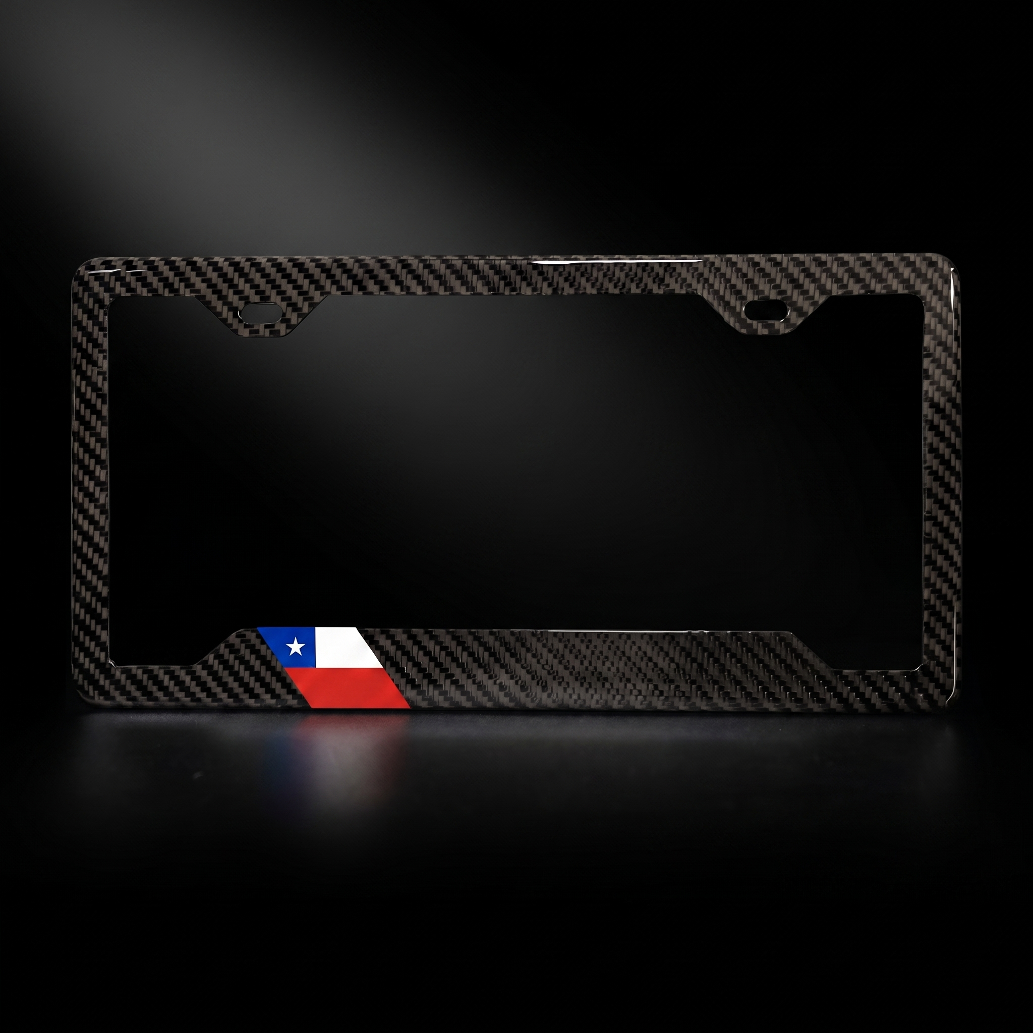 Chile flag carbon fiber license plate frame — black studio straight-on