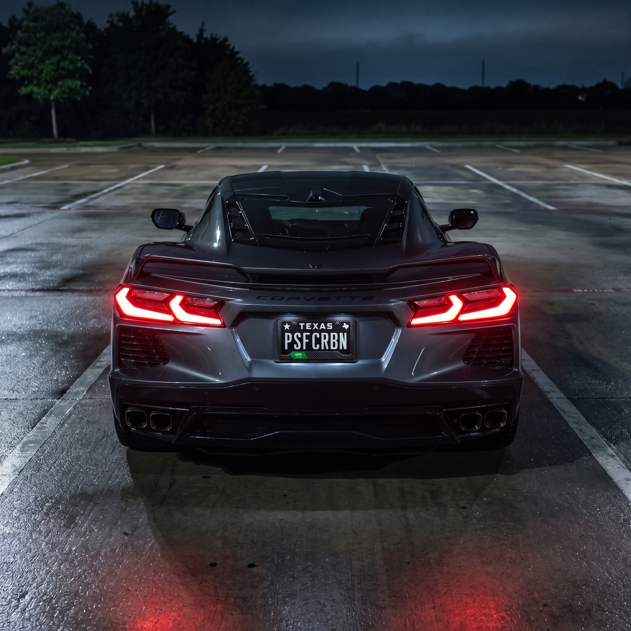 Saudi Arabia flag carbon fiber license plate frame — Corvette C8 night parking lot