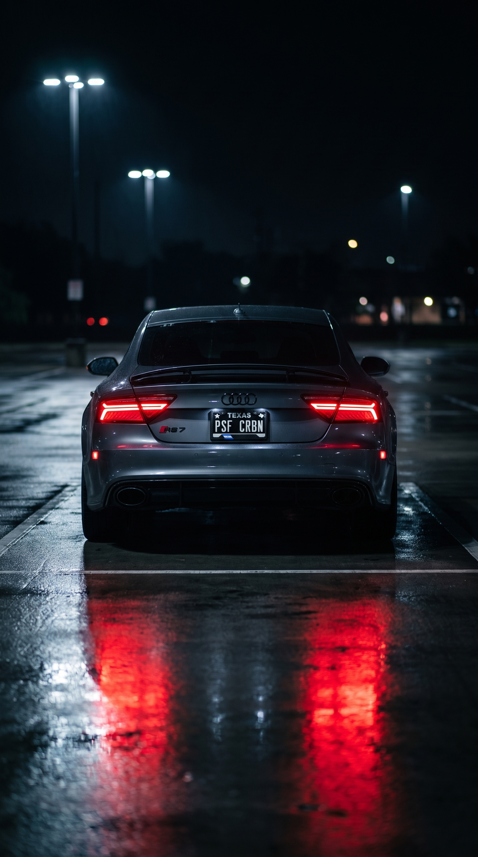 El Salvador flag carbon fiber license plate frame — Audi RS7 night parking lot