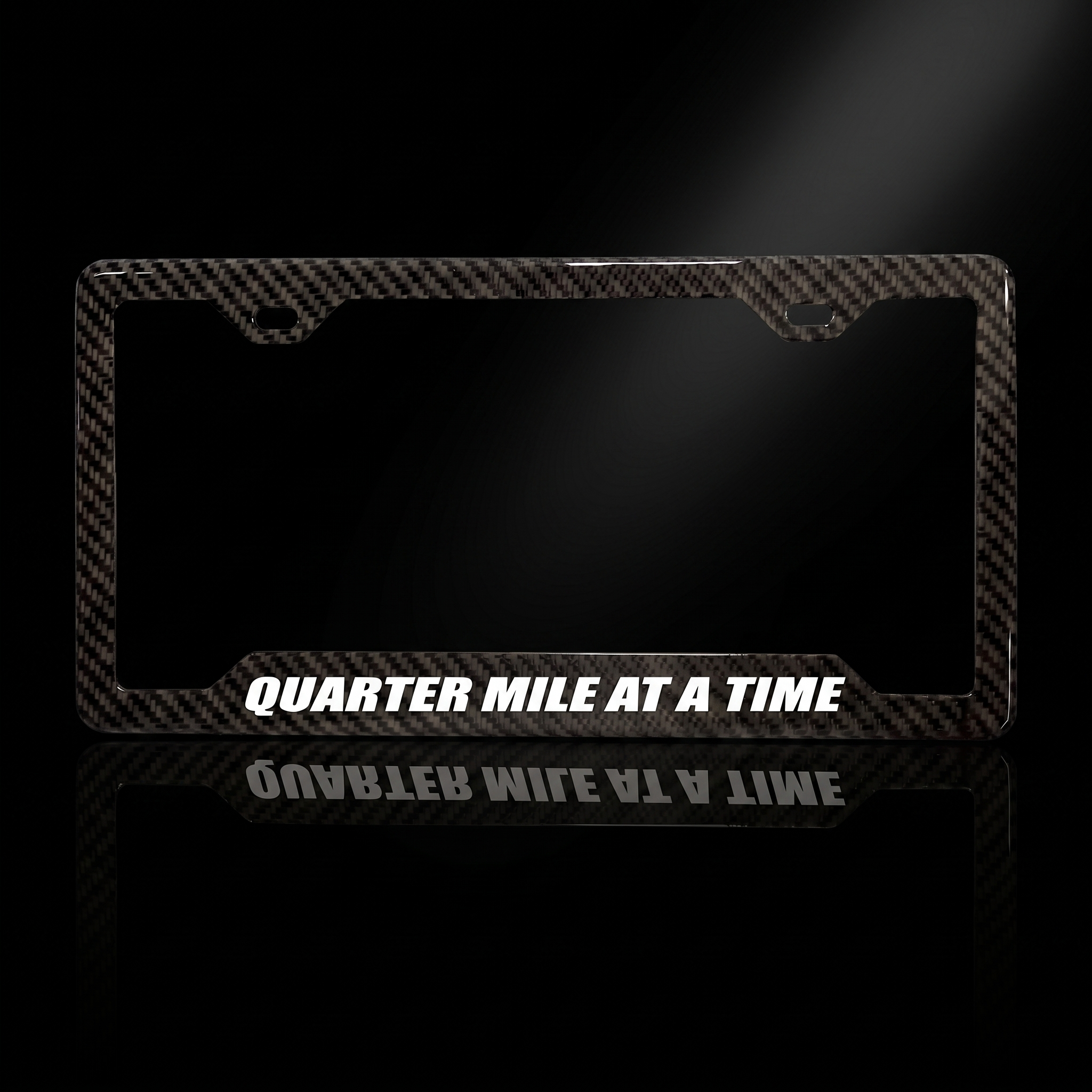 Quarter Mile At A Time carbon fiber license plate frame black studio shot