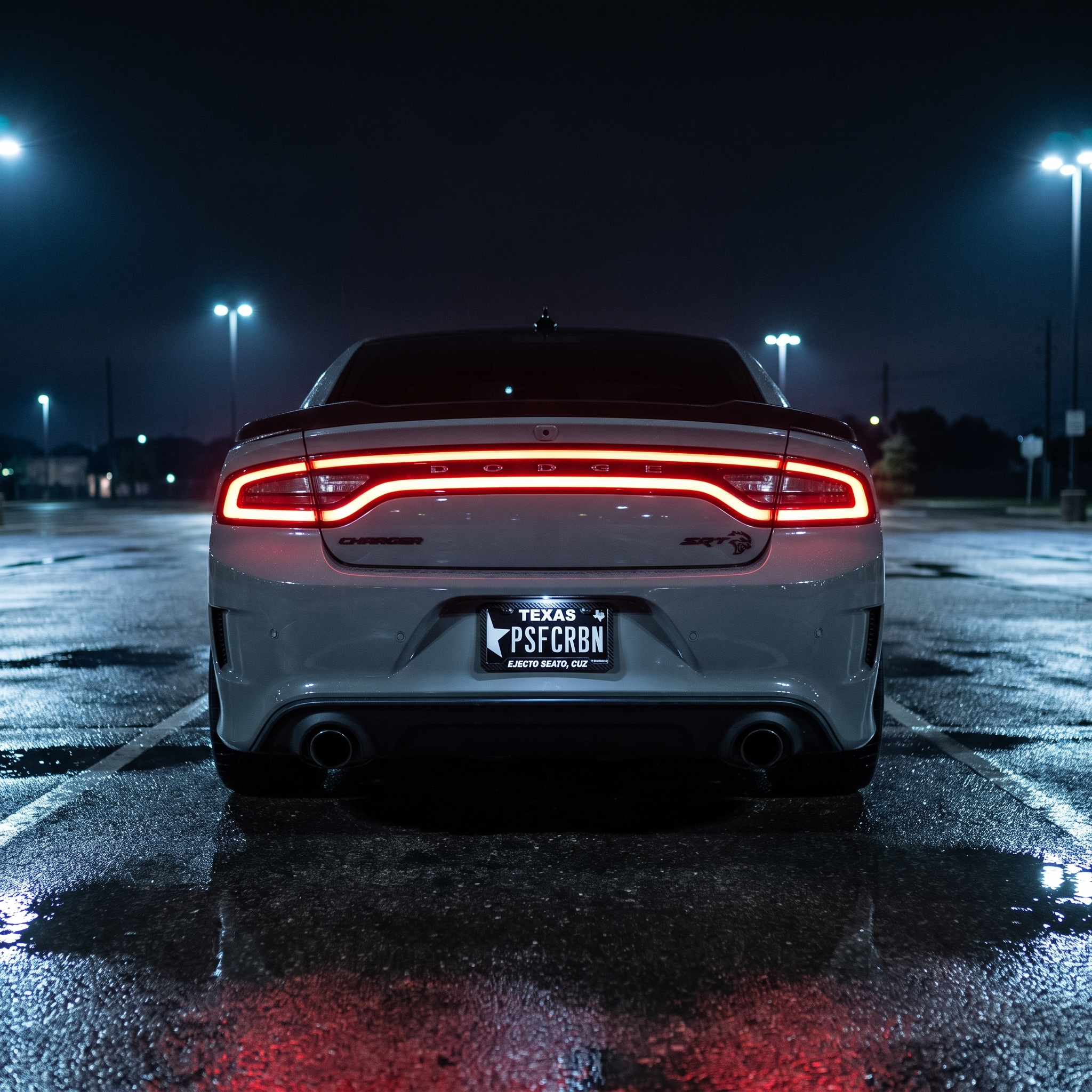 Ejecto Seato, Cuz frame on a grey Dodge Charger SRT Hellcat in a wet night parking lot
