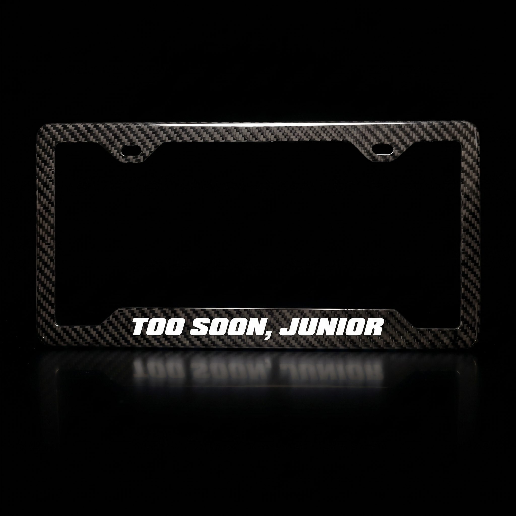 Too Soon, Junior carbon fiber license plate frame black studio shot