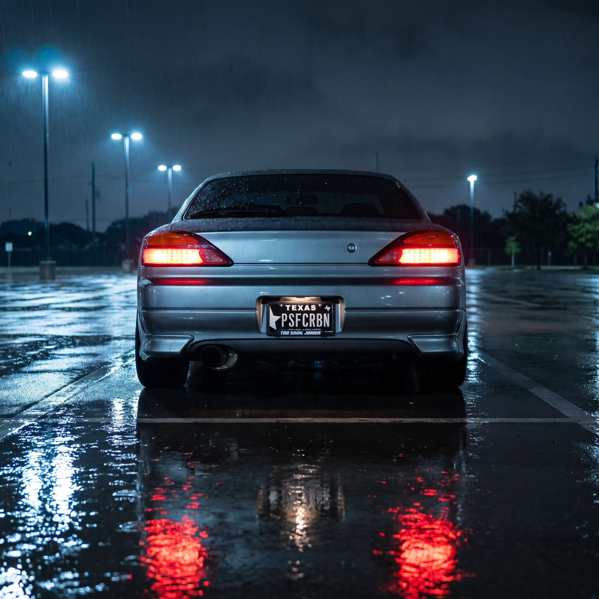 Too Soon, Junior frame on a silver Nissan Silvia S15 in a wet night parking lot