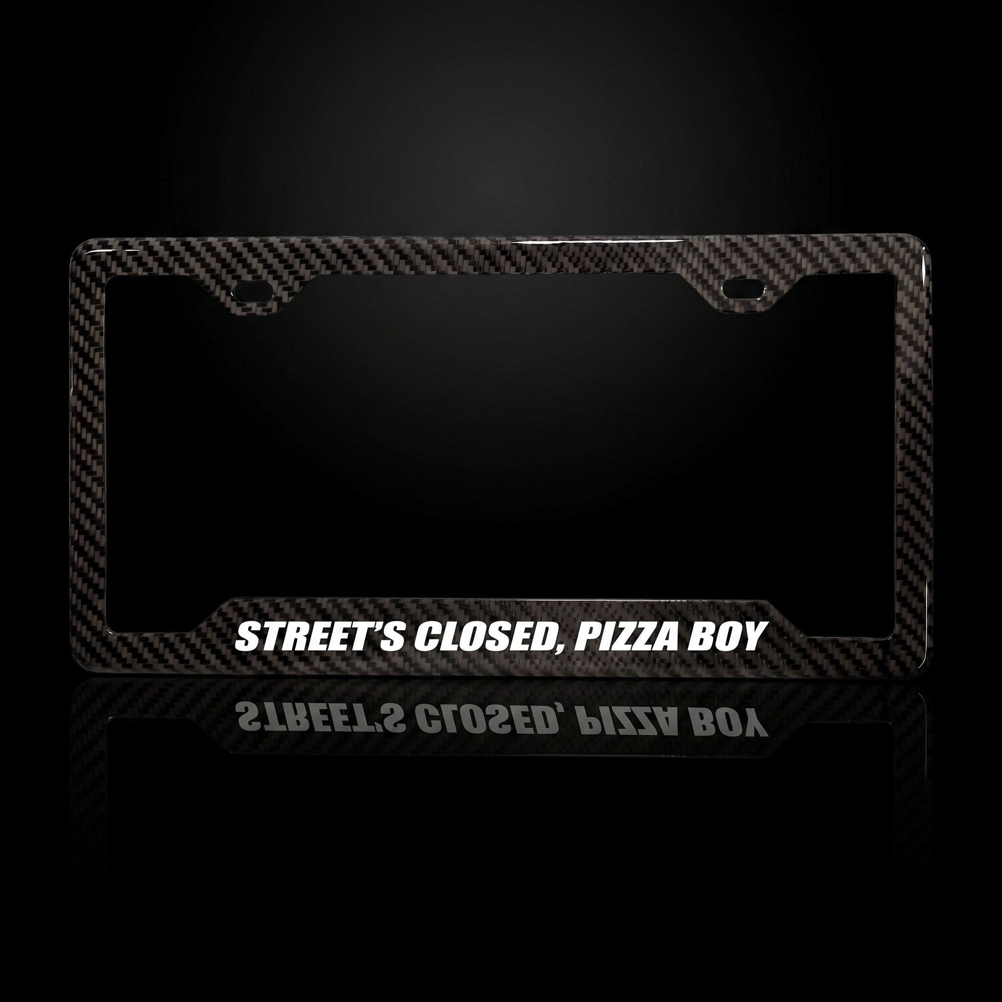 Street's Closed, Pizza Boy carbon fiber license plate frame black studio shot