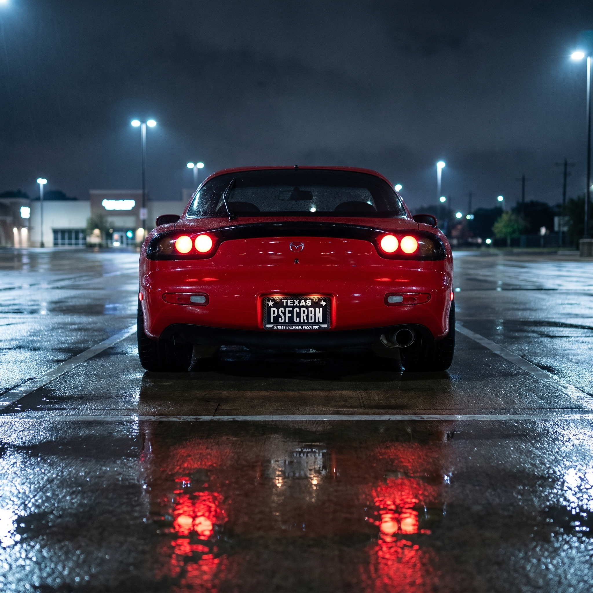 Street's Closed, Pizza Boy frame on a red Mazda RX-7 FD in a wet night parking lot