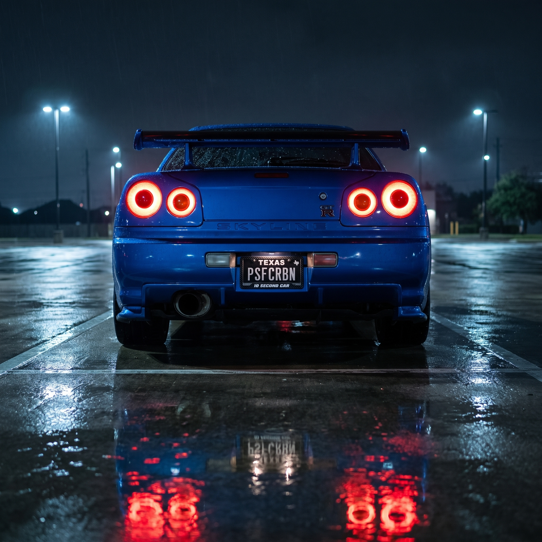 10 Second Car frame on a blue Nissan Skyline GT-R R34 in a wet night parking lot