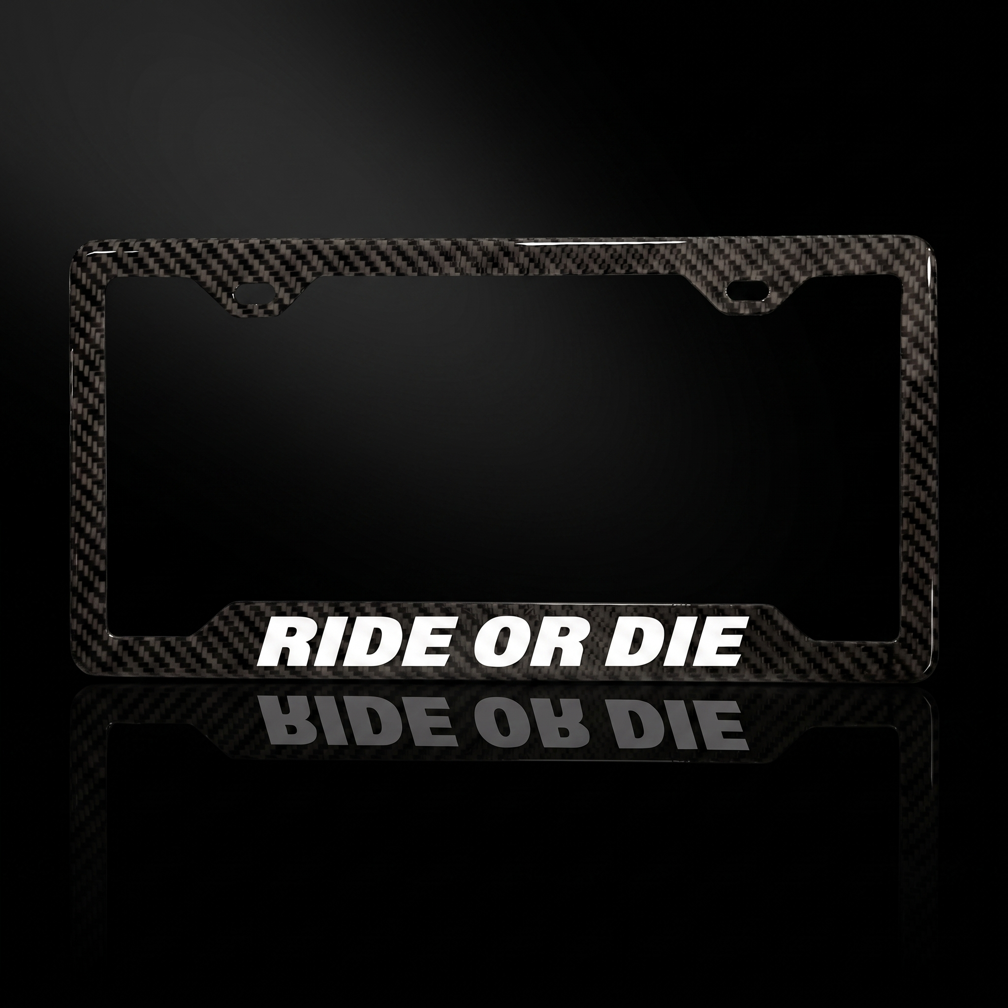 Ride Or Die carbon fiber license plate frame black studio shot