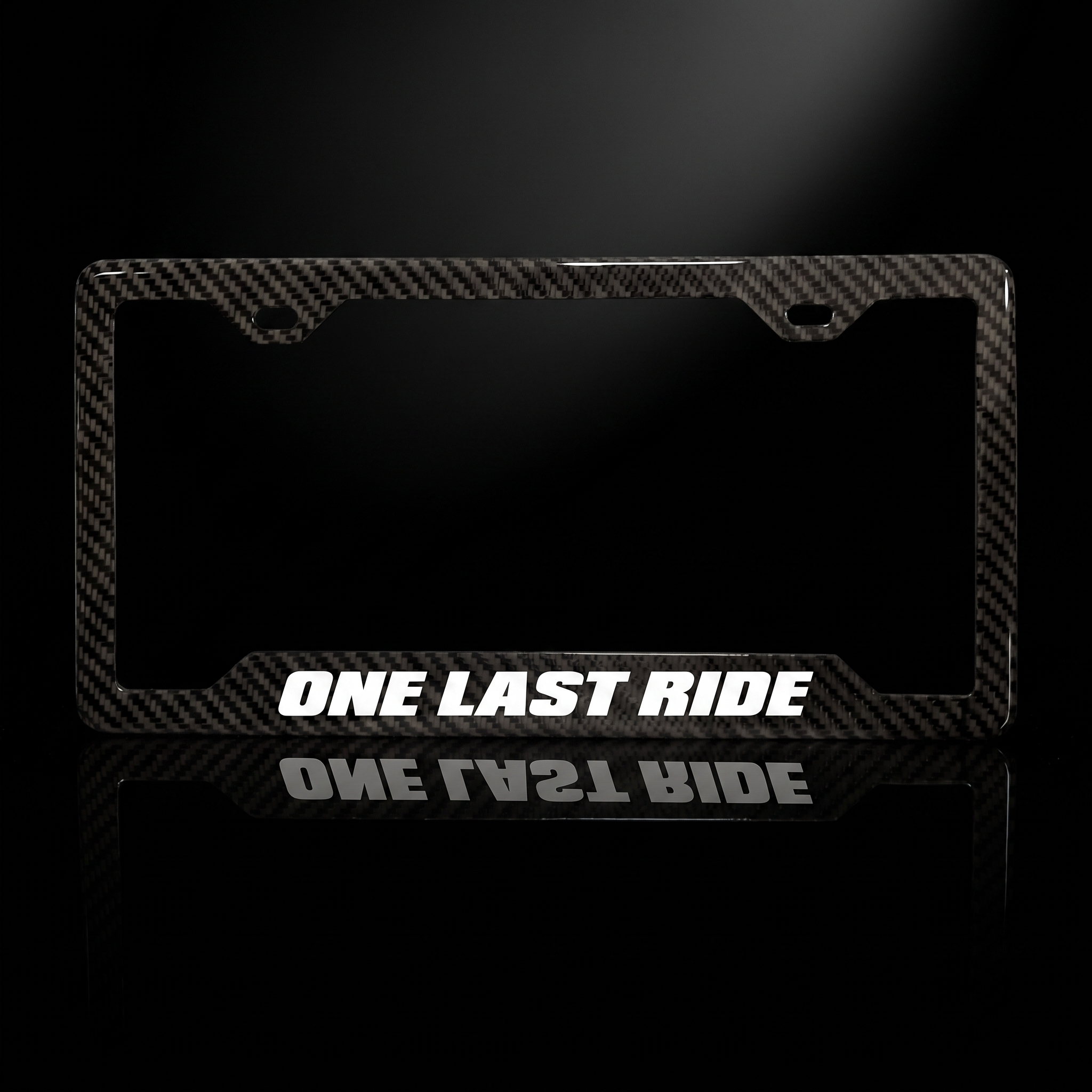 One Last Ride carbon fiber license plate frame black studio shot