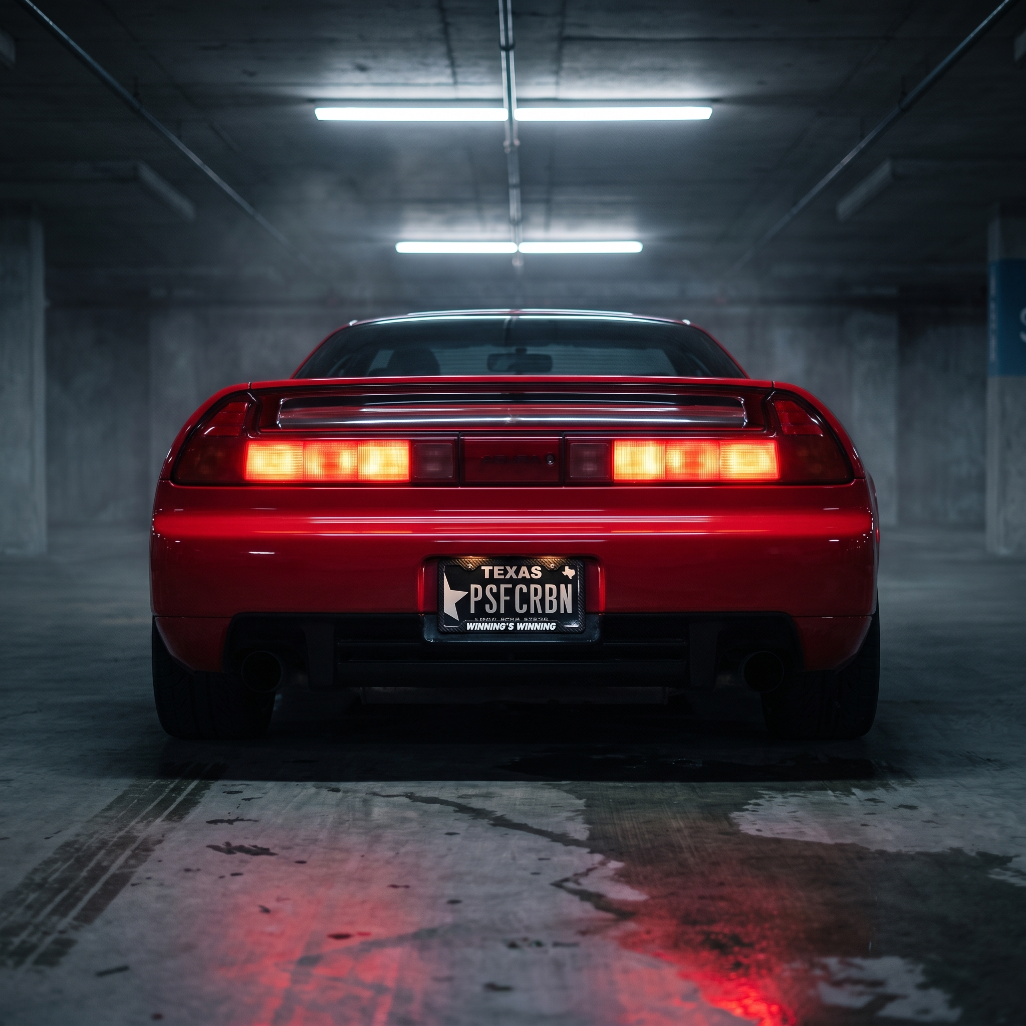 Winning's Winning frame on a red first-generation Acura NSX in a night garage