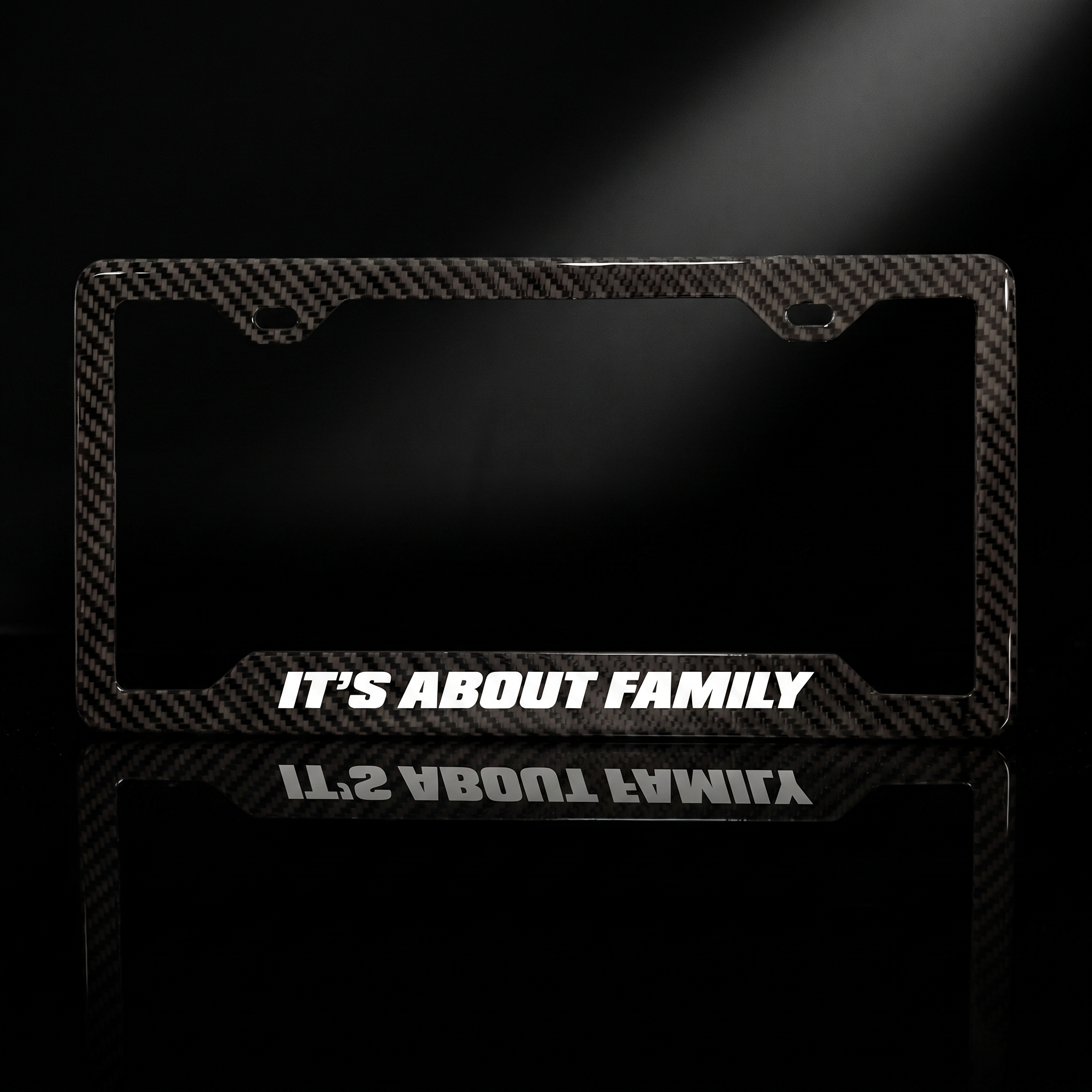 It's About Family carbon fiber license plate frame black studio shot
