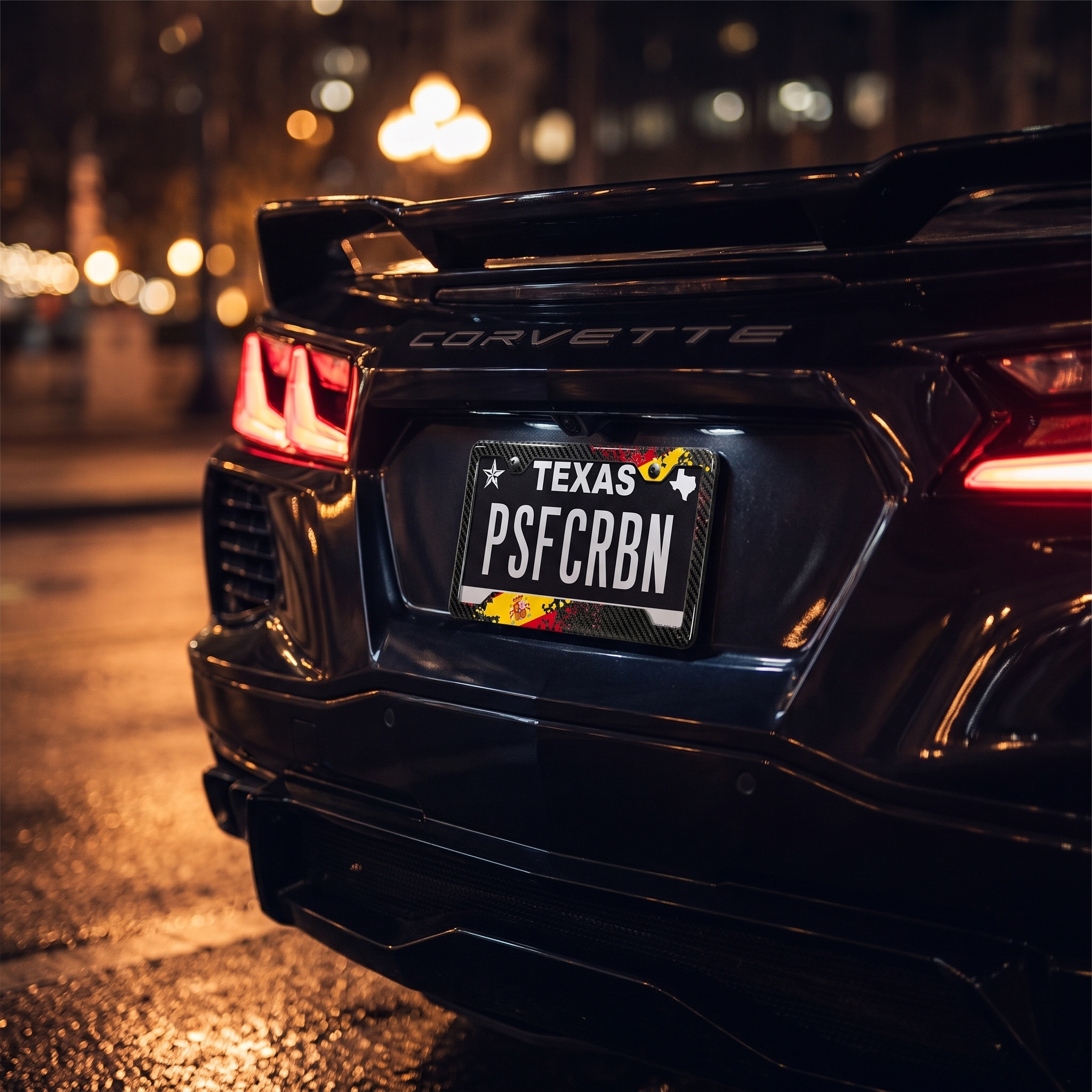 Spain splatter carbon fiber plate frame on a car at night