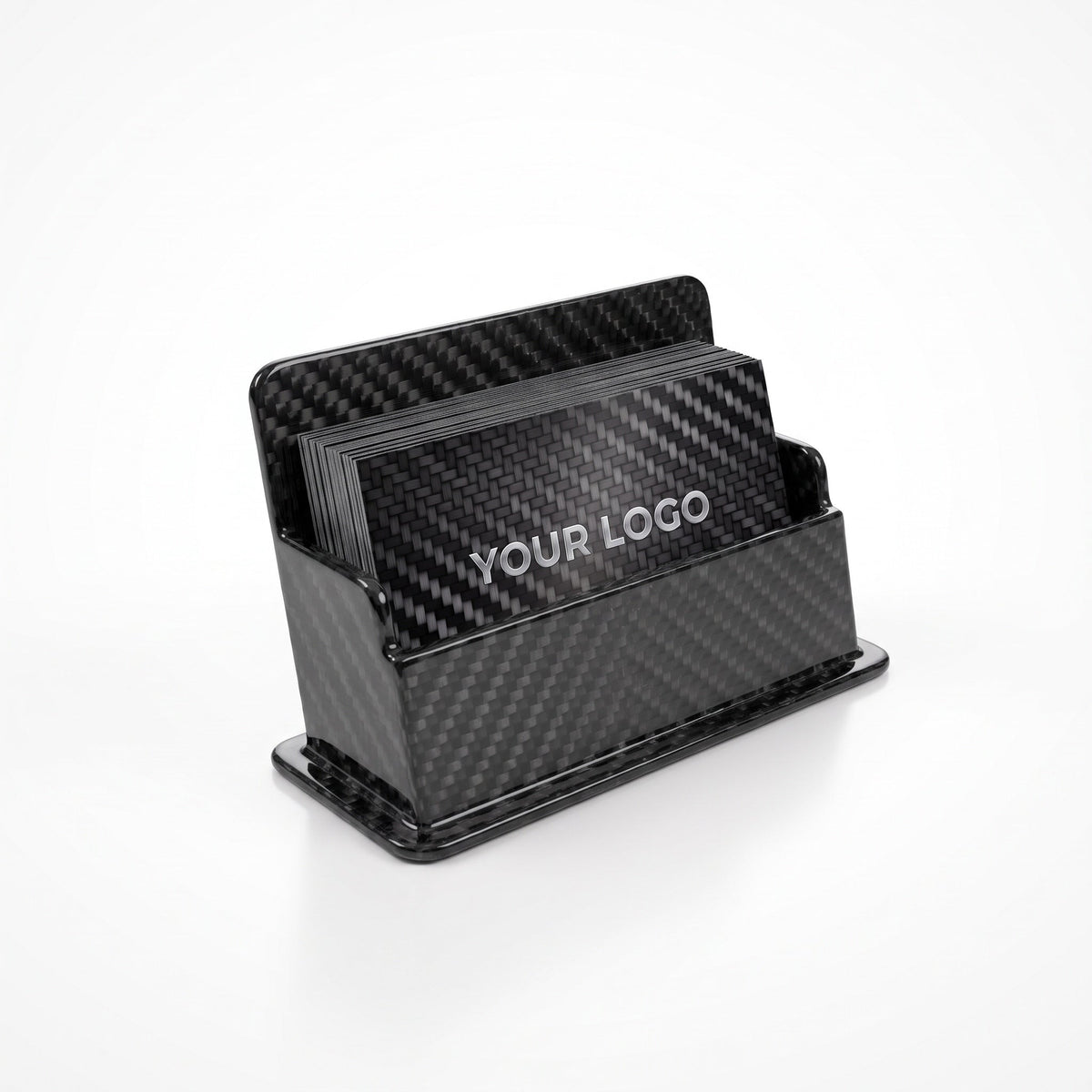 Carbon fiber business card holder with business cards, three-quarter view