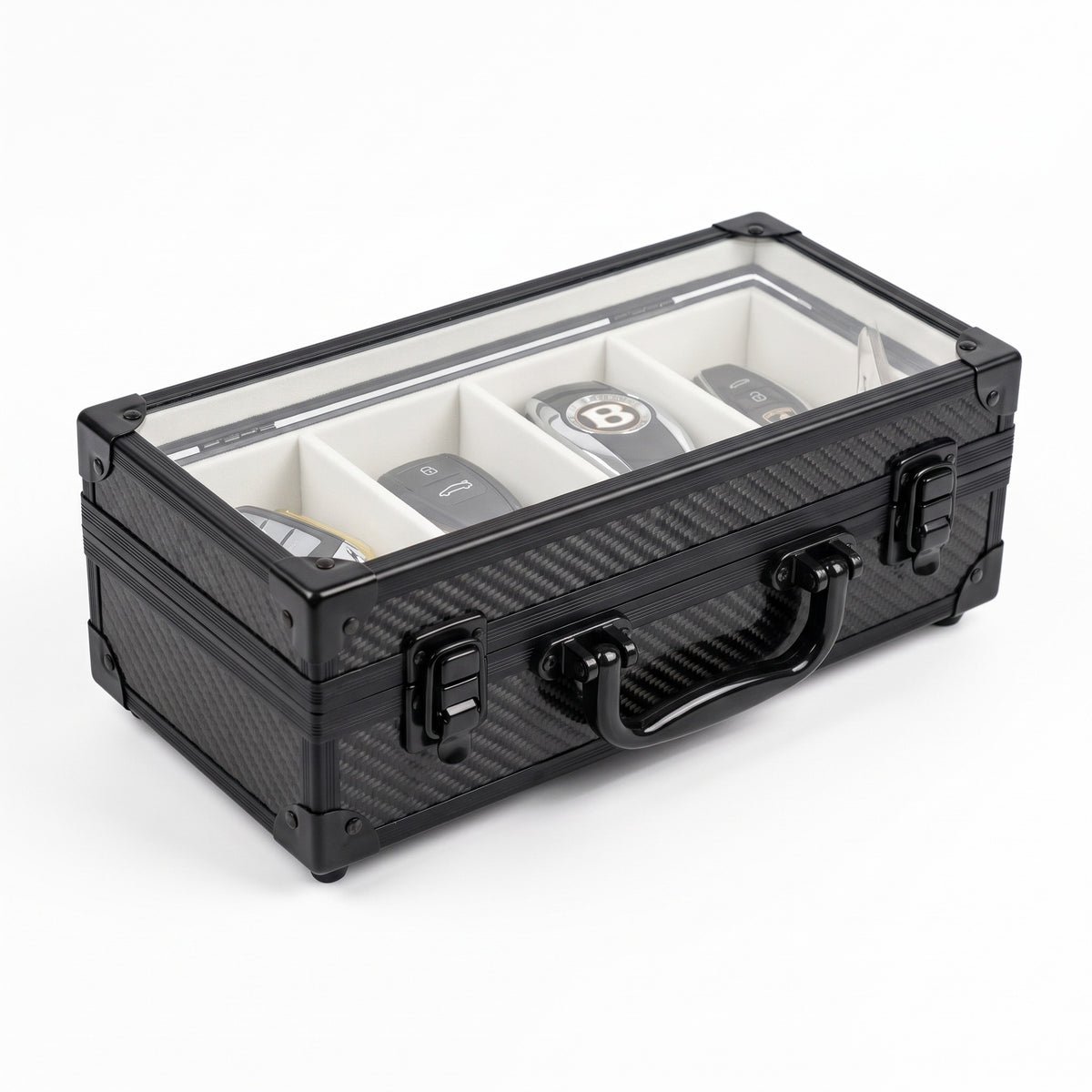 The Motorcase closed, keys visible through the glass lid