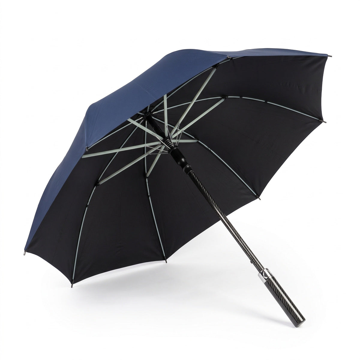 PSF Carbon Fiber Umbrella open, navy canopy, black underside, carbon shaft
