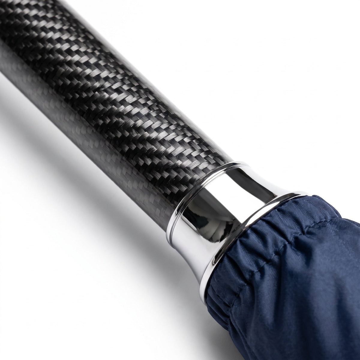 Macro of the 3K twill carbon fiber handle and chrome collar