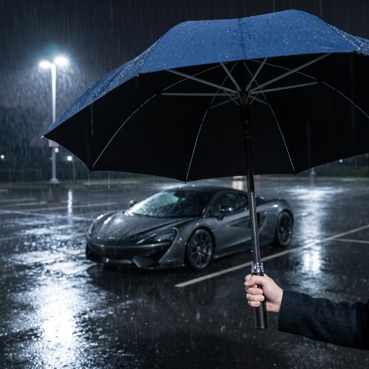 Hand holding the open PSF Carbon Fiber Umbrella in a wet parking lot at night, supercar behind