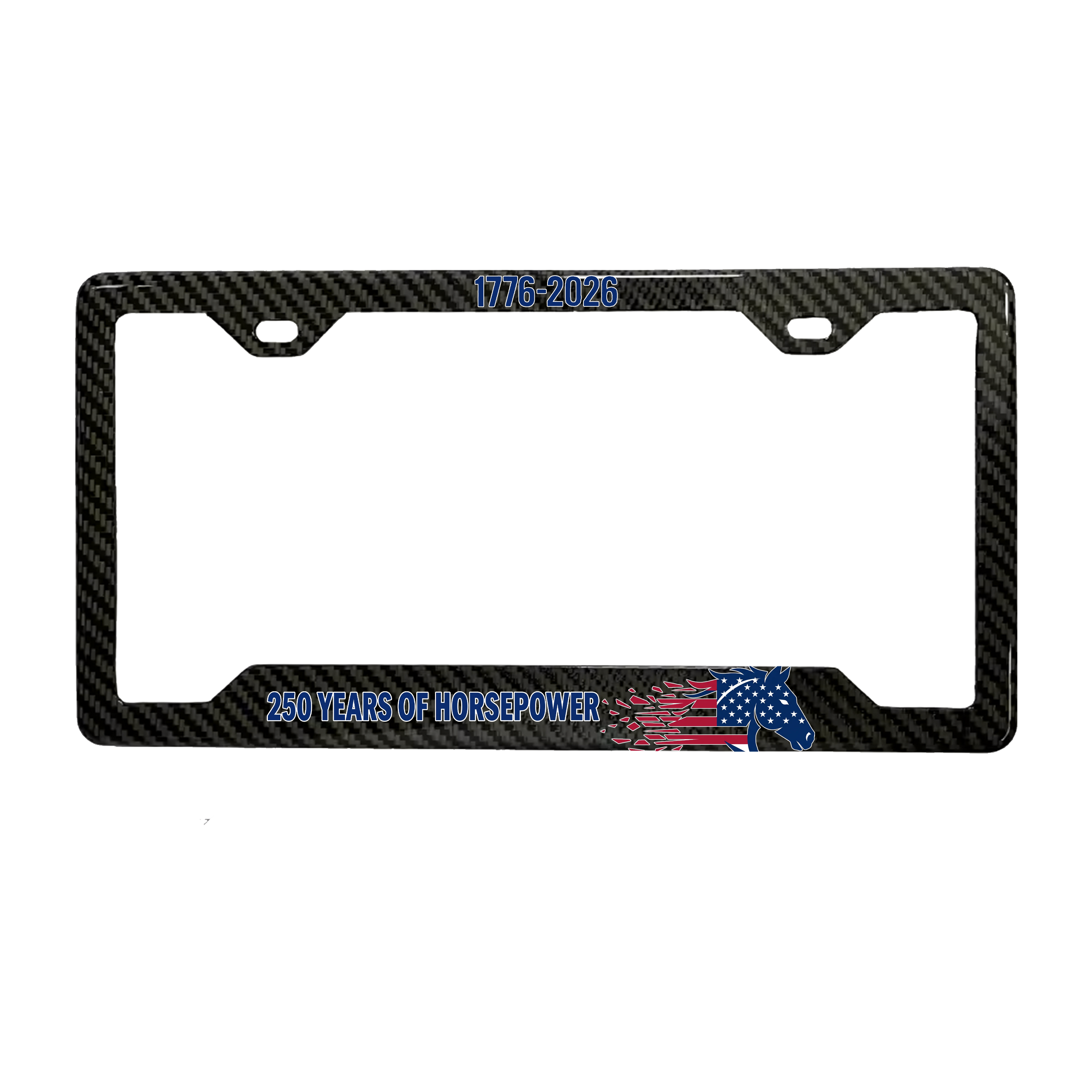 250 Years of Horsepower carbon fiber license plate frame - front view