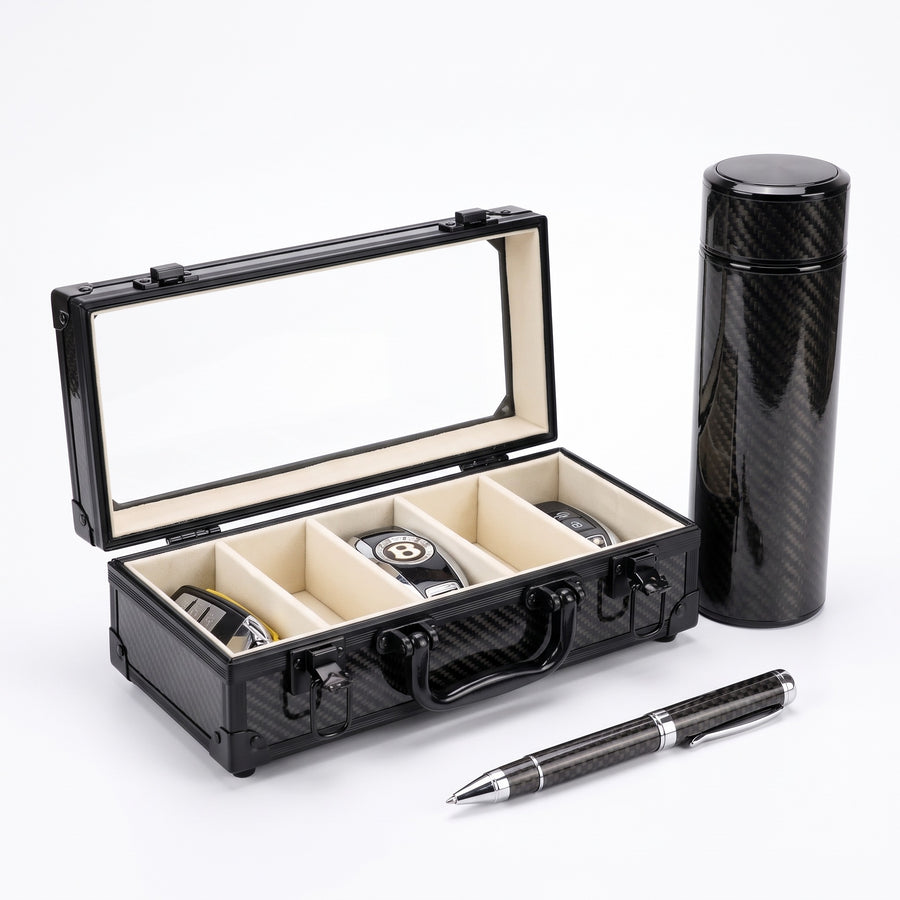 Carbon Starter Pack: the Motorcase 5 Slot, CarbonFlow Black bottle and black CarbonInk pen