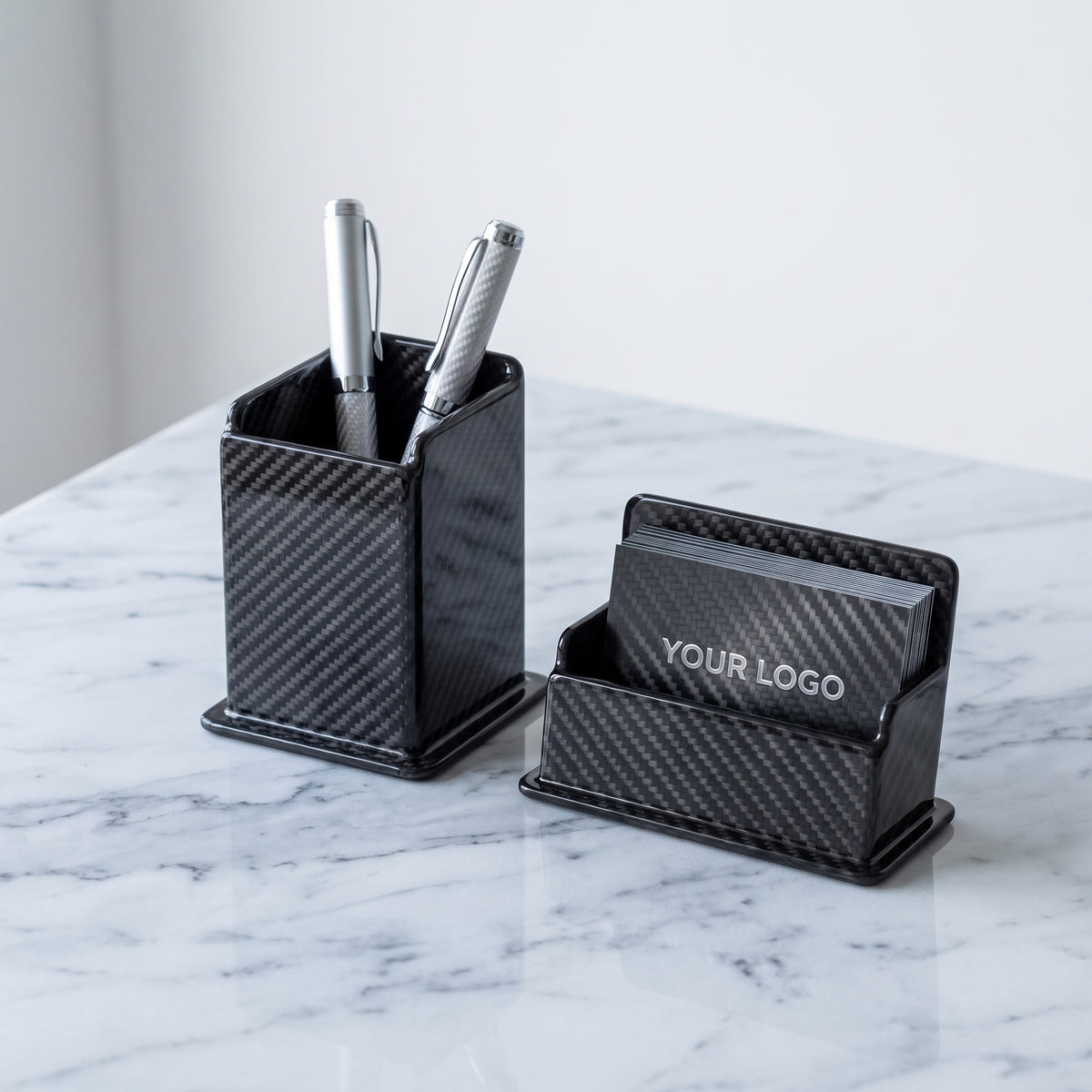 The Desk Set on a white marble desk