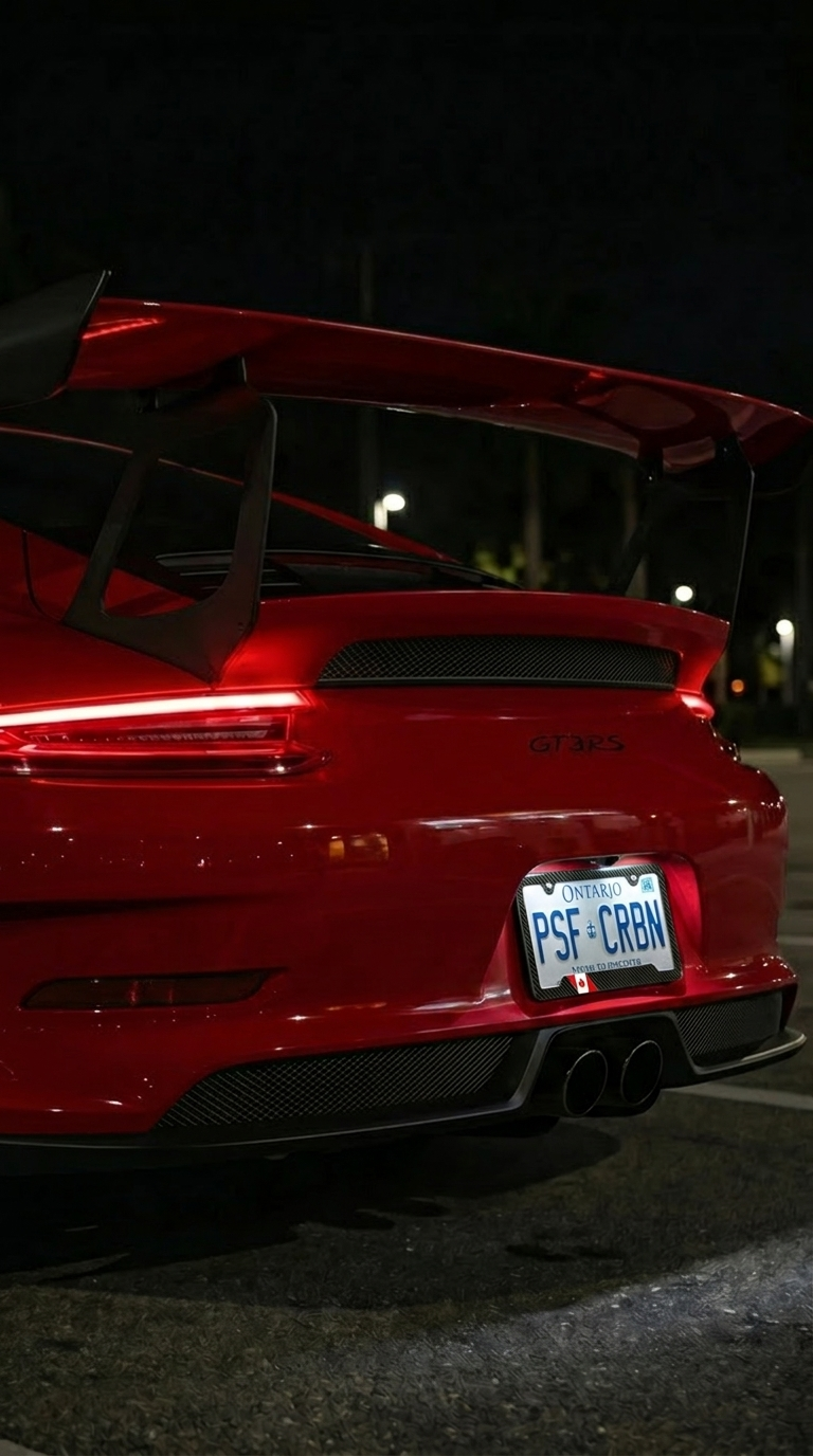 Canada carbon plate frame on a red exotic at night - Ontario plate