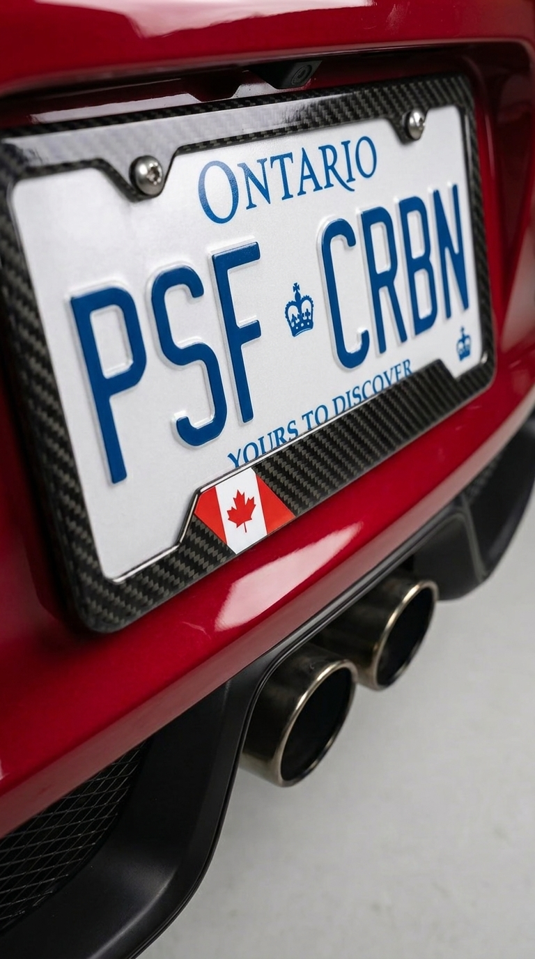 Canada carbon plate frame close-up with Ontario plate on red car