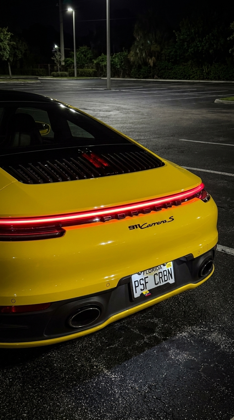 Ecuador carbon plate frame on a yellow Porsche 911, taillights on