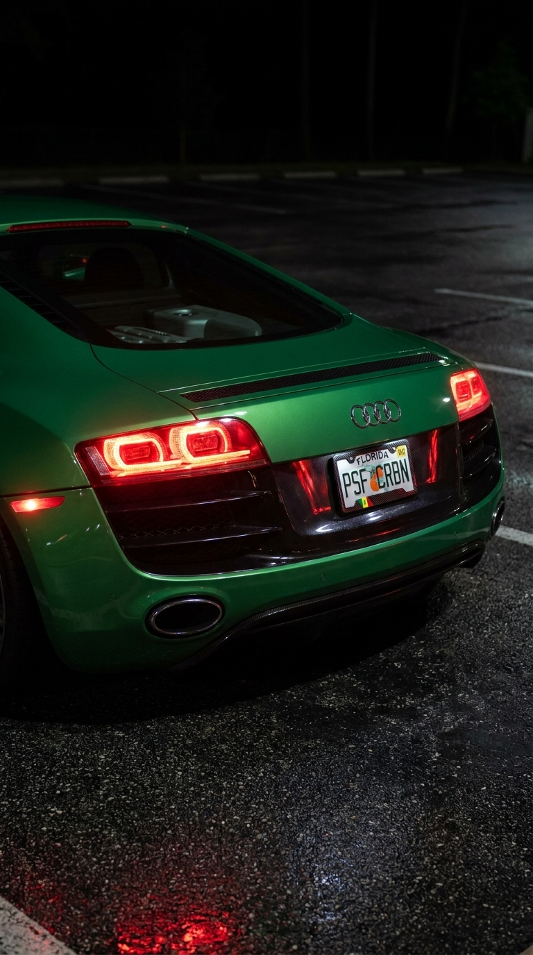 Senegal carbon plate frame on a green Audi R8, taillights on