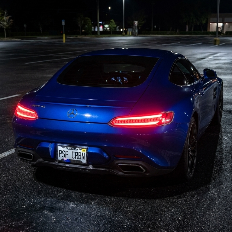 Australia carbon plate frame on a blue Mercedes-AMG GT, taillights on