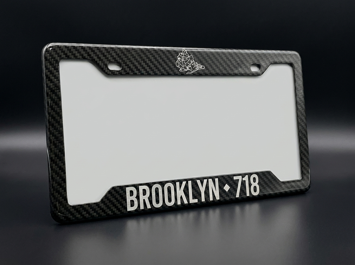 Brooklyn 718 carbon fiber license plate frame with borough map outline - PSF Carbon