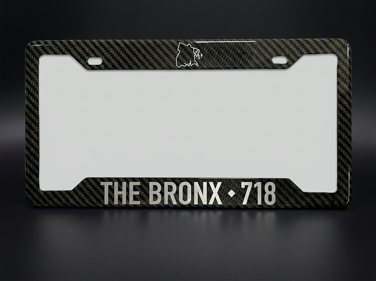 The Bronx 718 carbon fiber license plate frame with borough map outline - PSF Carbon