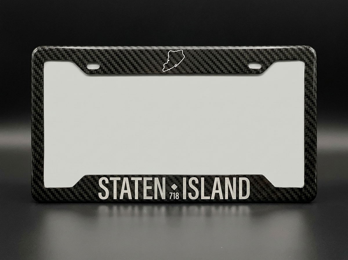 Staten Island 718 carbon fiber license plate frame with borough map outline - PSF Carbon